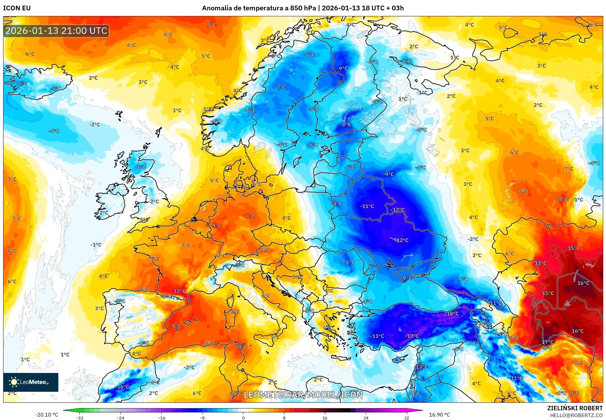 ICON model - Europa, Anomalía de temperatura a 850 hPa