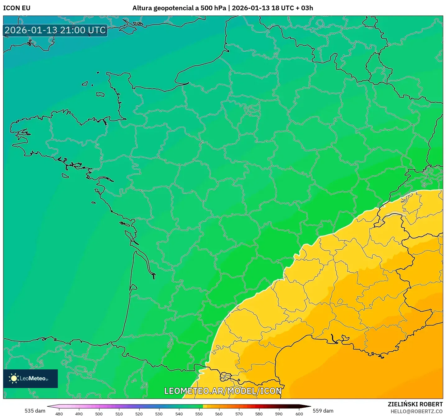 ICON model - Francia, Altura geopotencial a 500 hPa