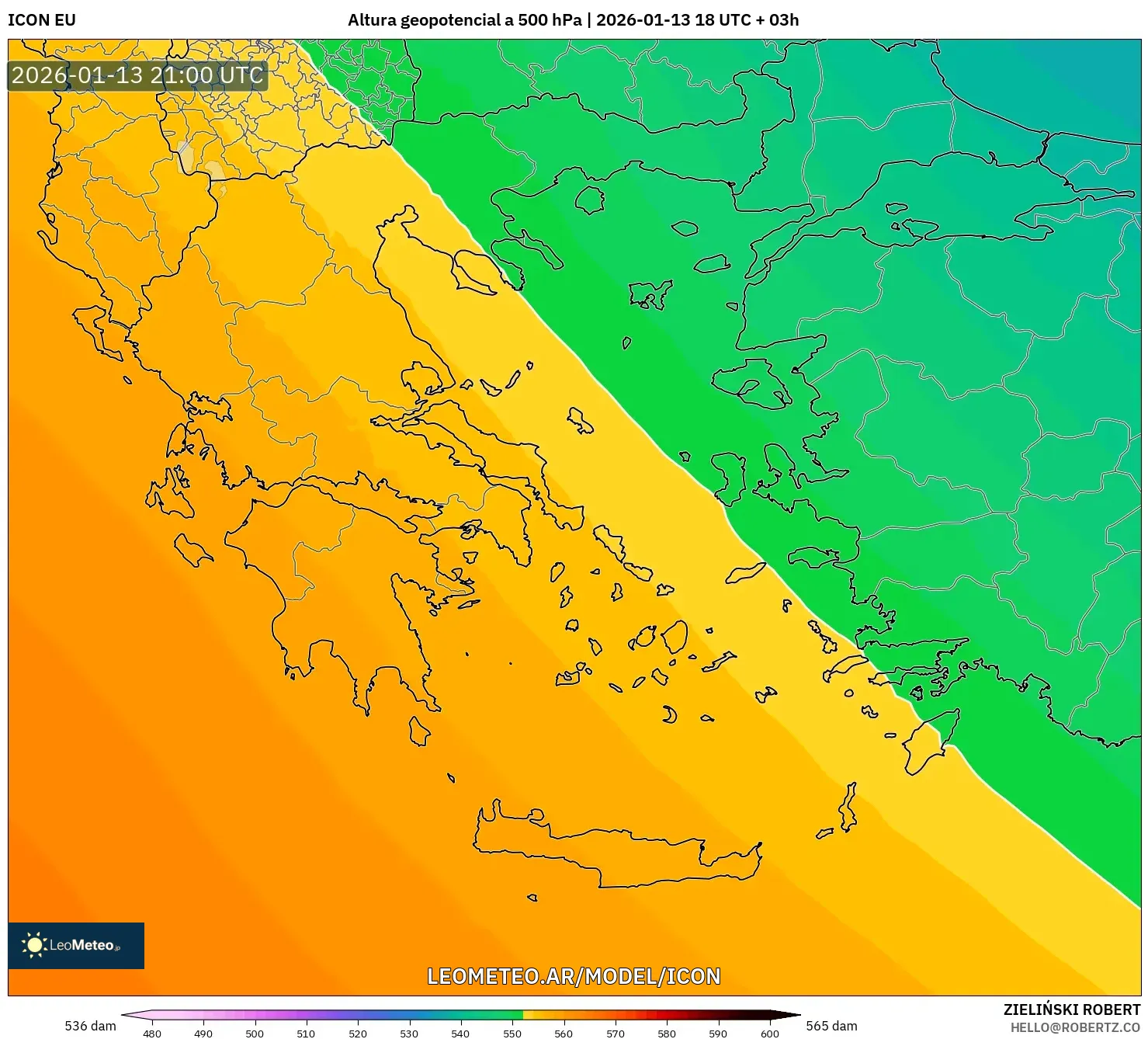 ICON model - Grecia, Altura geopotencial a 500 hPa