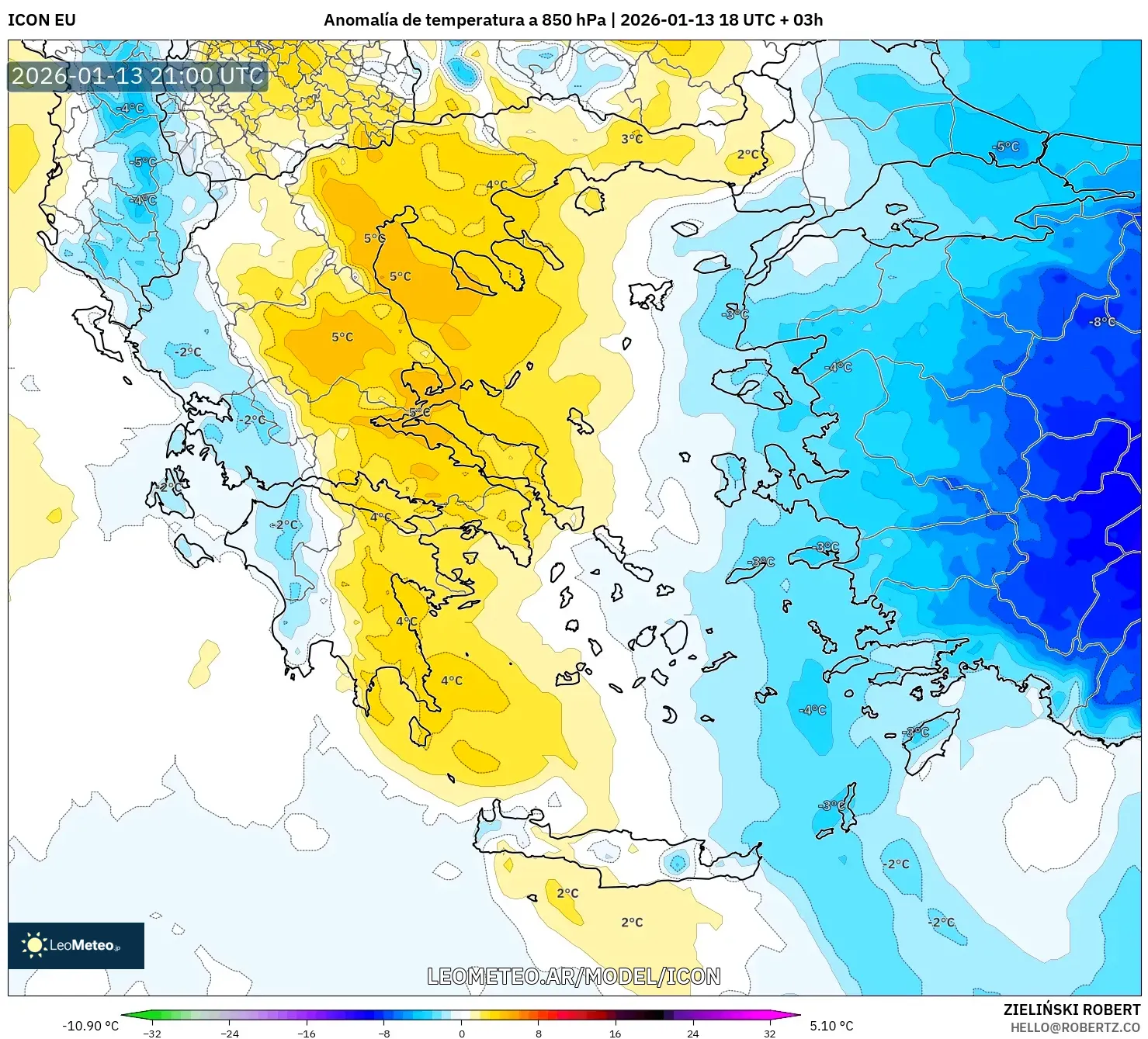 ICON model - Grecia, Anomalía de temperatura a 850 hPa