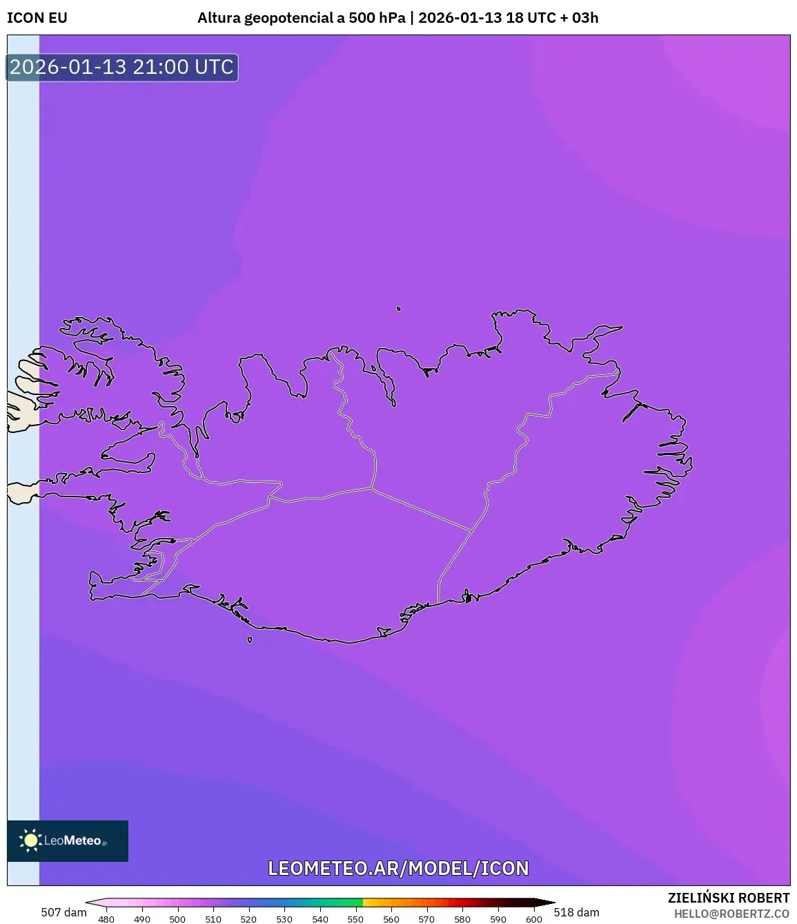 ICON model - Islandia, Altura geopotencial a 500 hPa