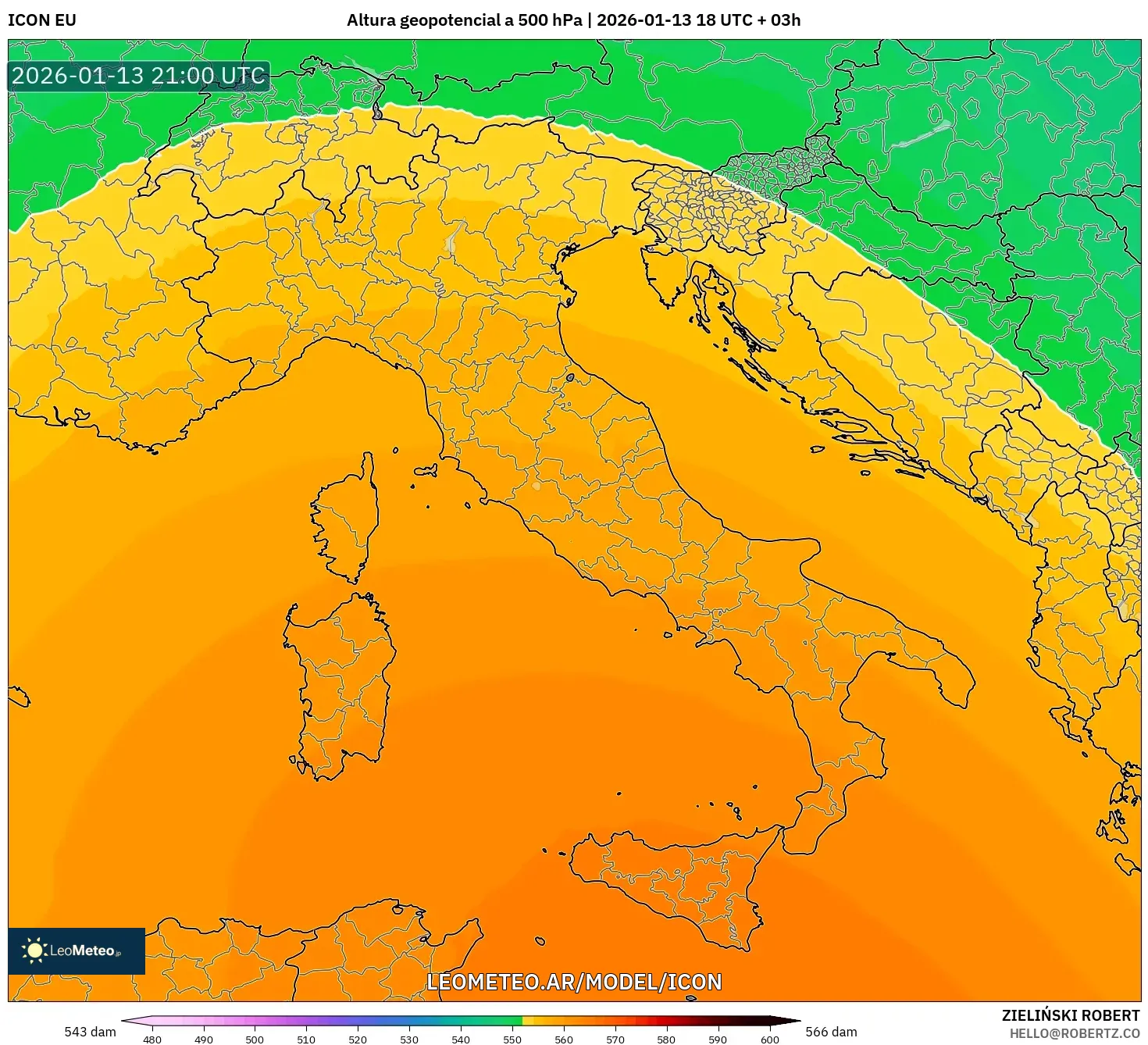ICON model - Italia, Altura geopotencial a 500 hPa