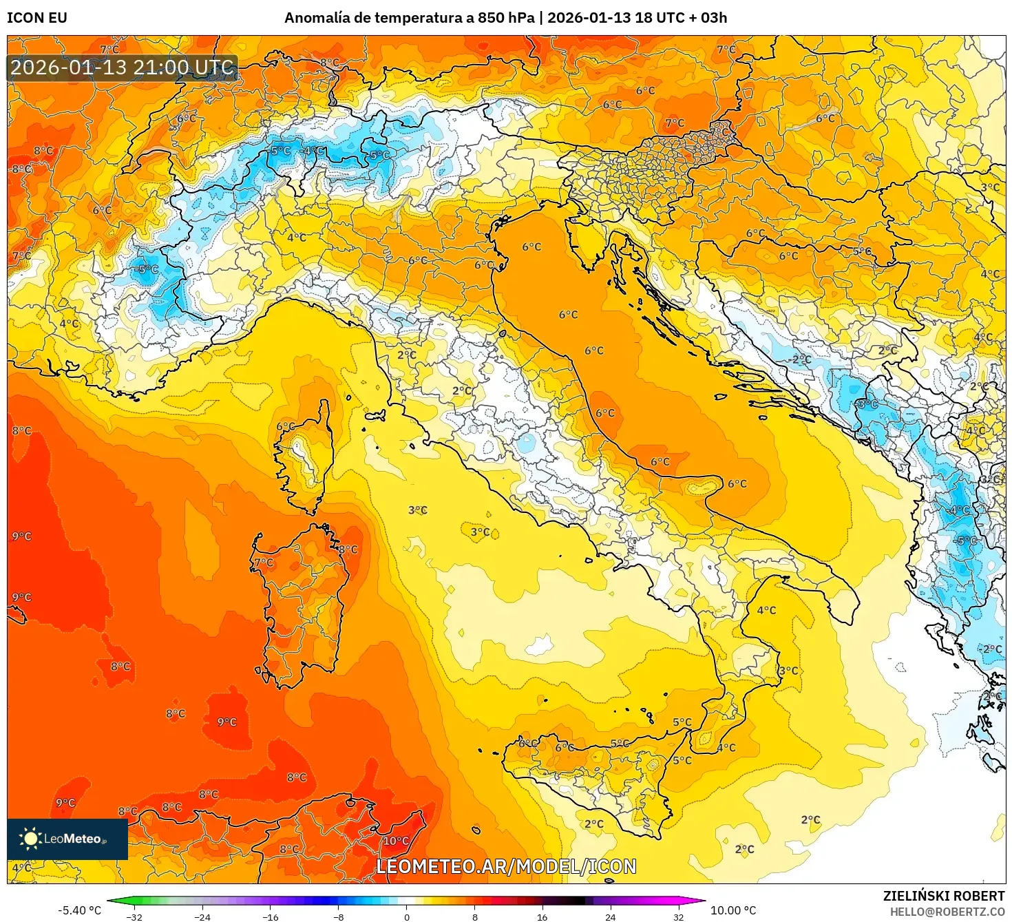 ICON model - Italia, Anomalía de temperatura a 850 hPa