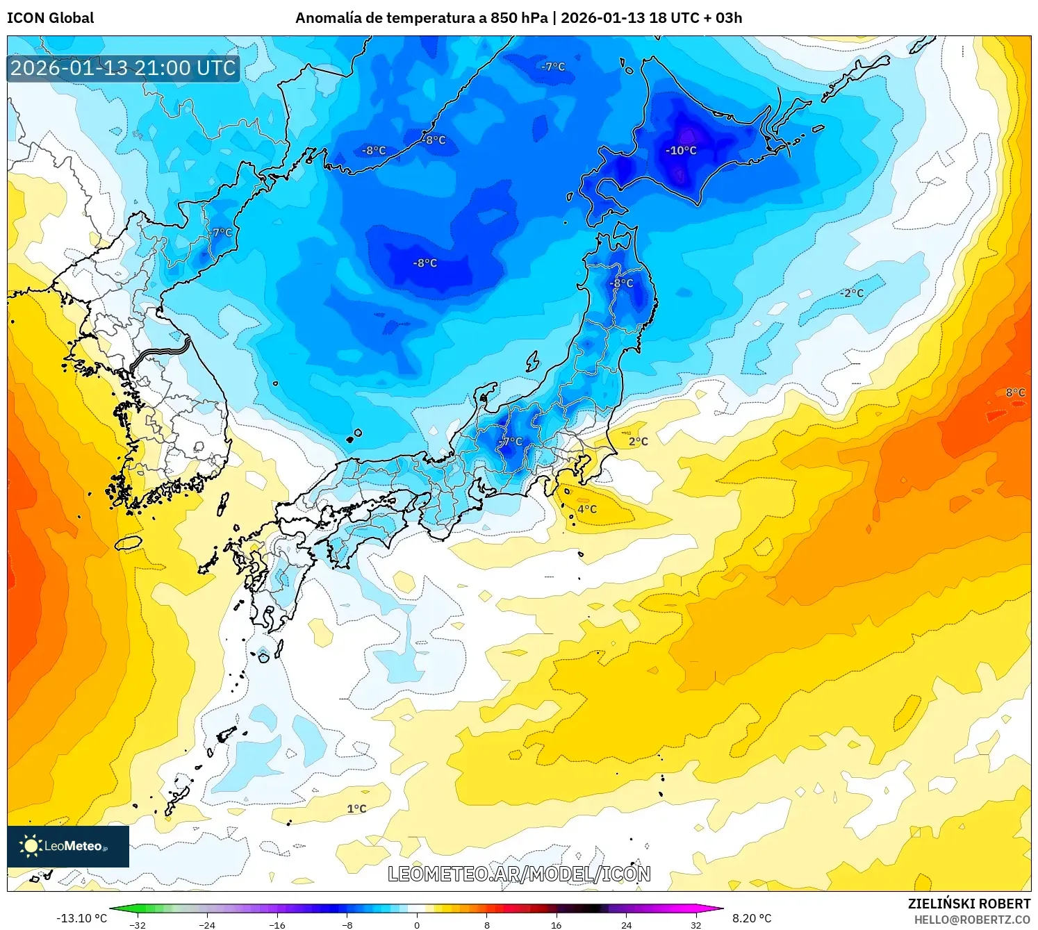 ICON model - Japón, Anomalía de temperatura a 850 hPa