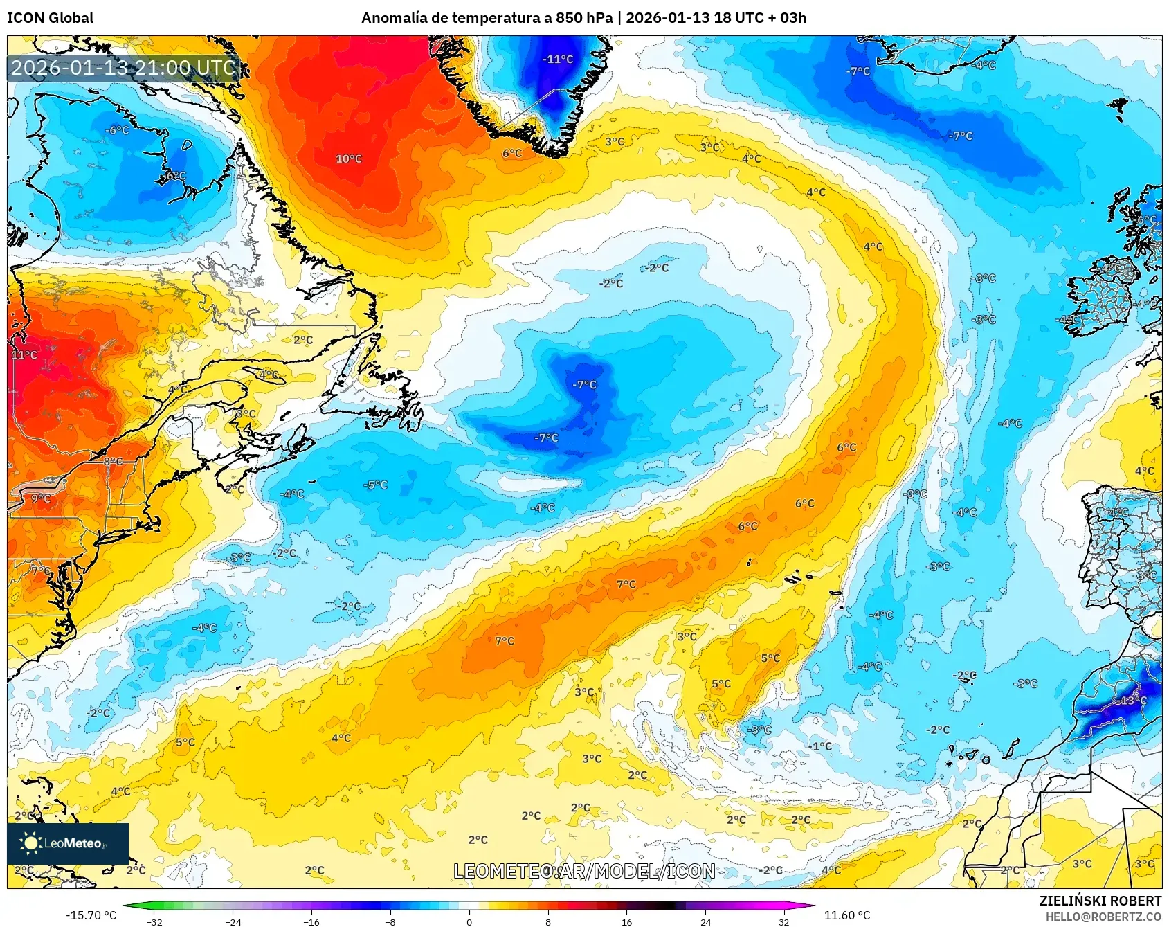 ICON model - Norte Atlántico, Anomalía de temperatura a 850 hPa