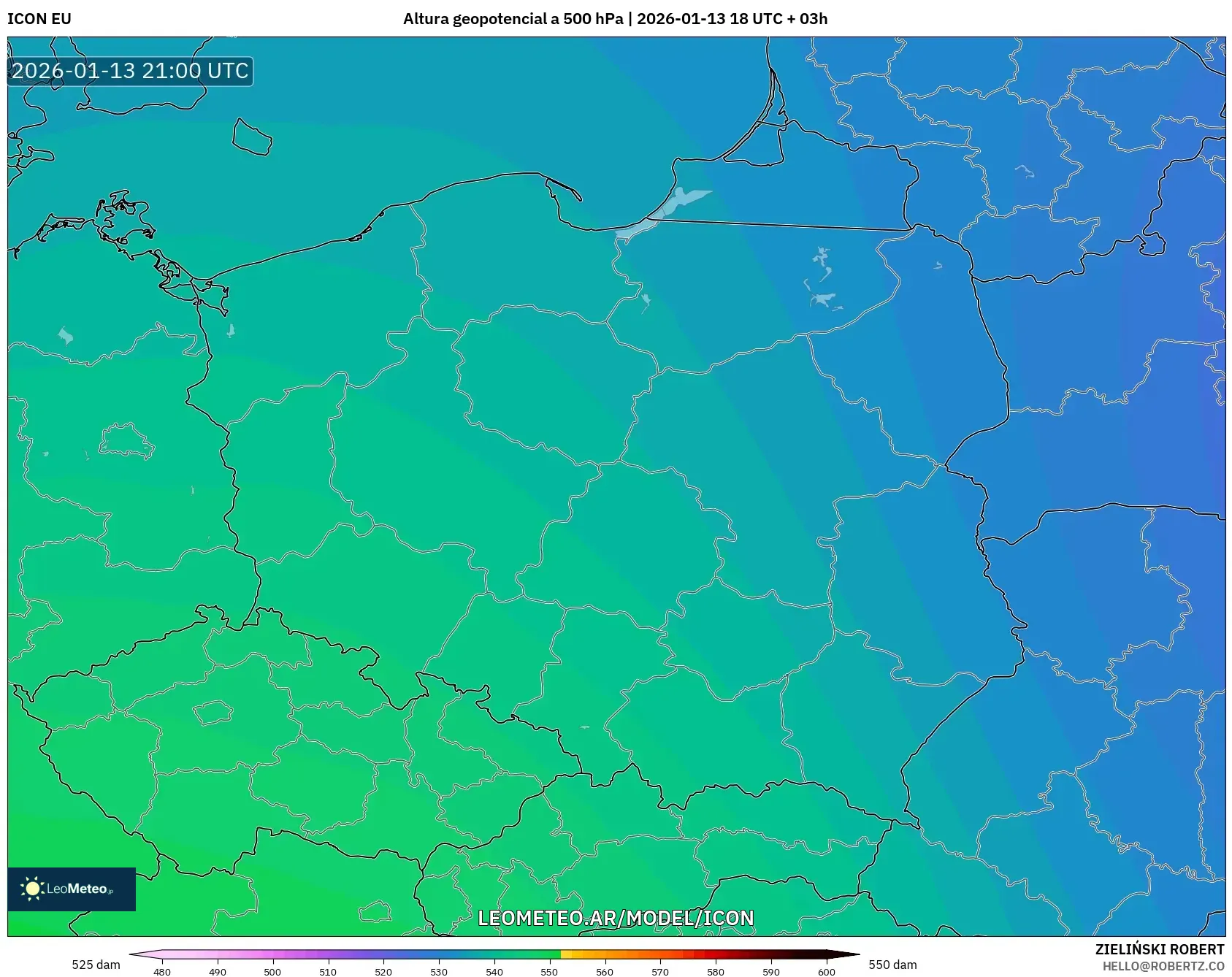 ICON model - Polonia, Altura geopotencial a 500 hPa
