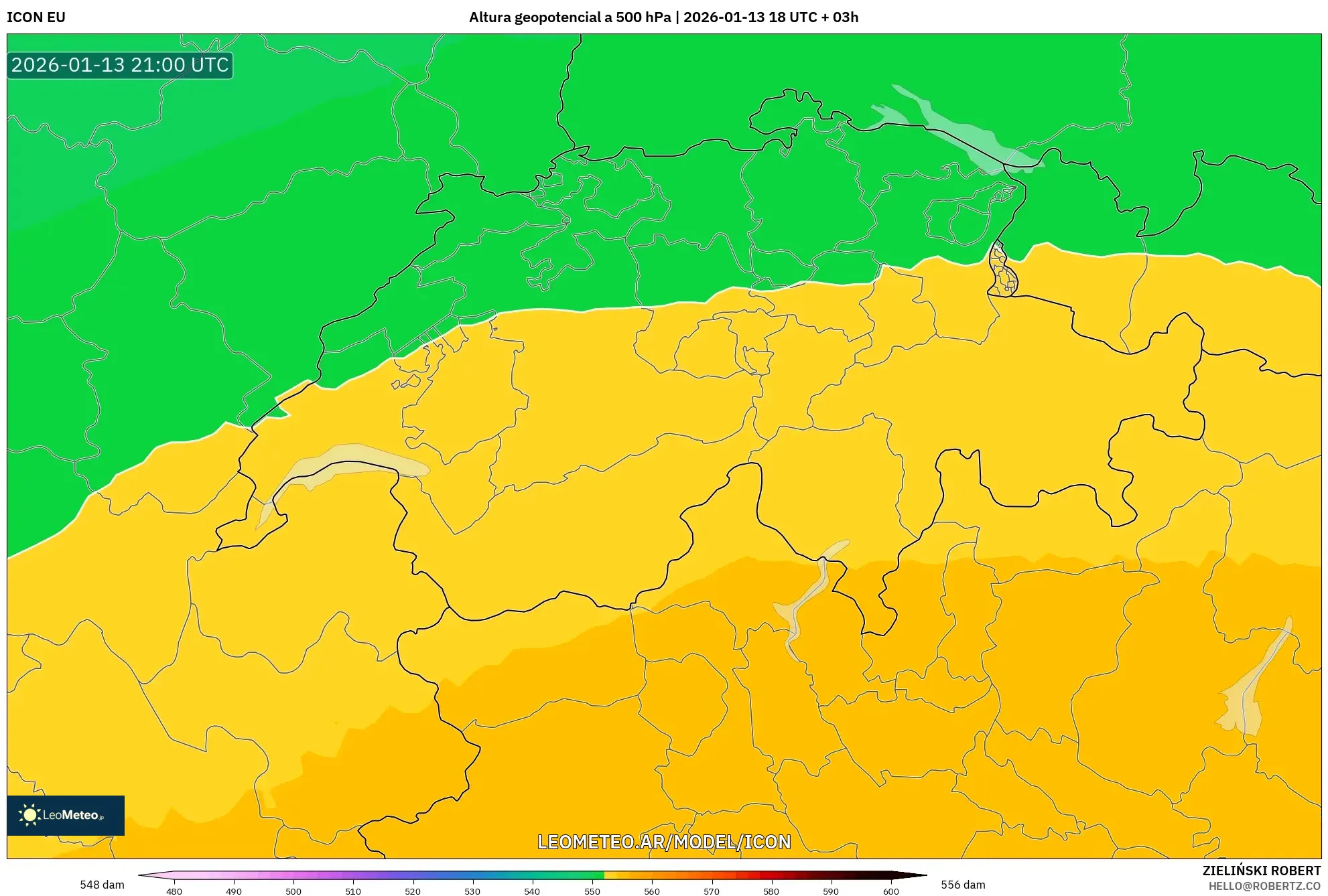 ICON model - Suiza, Altura geopotencial a 500 hPa