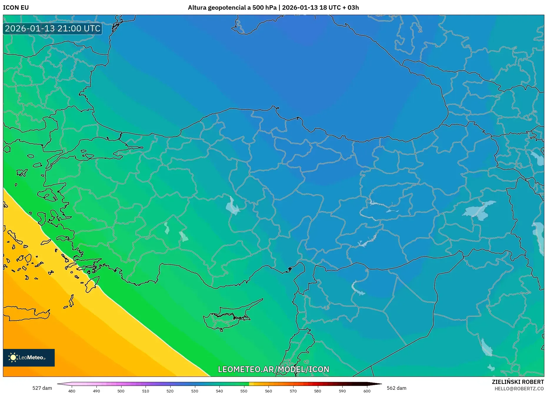 ICON model - Turquía, Altura geopotencial a 500 hPa
