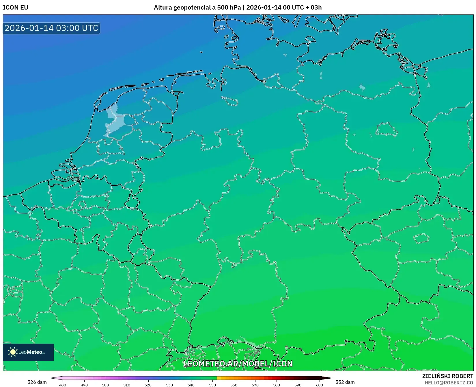 ICON model - Alemania, Altura geopotencial a 500 hPa
