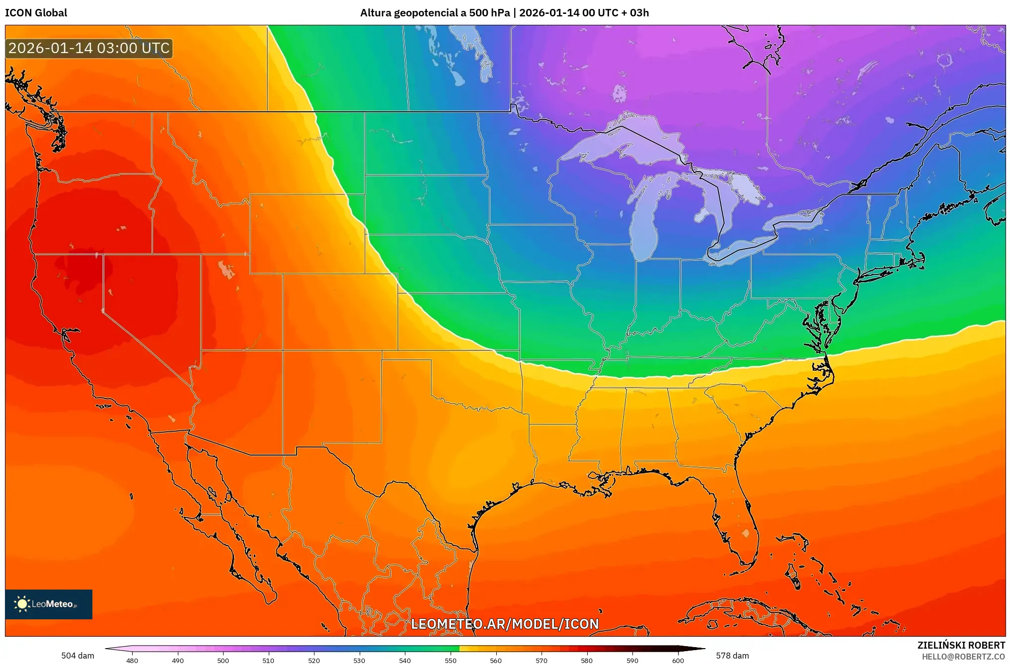 ICON model - Estados Unidos, Altura geopotencial a 500 hPa
