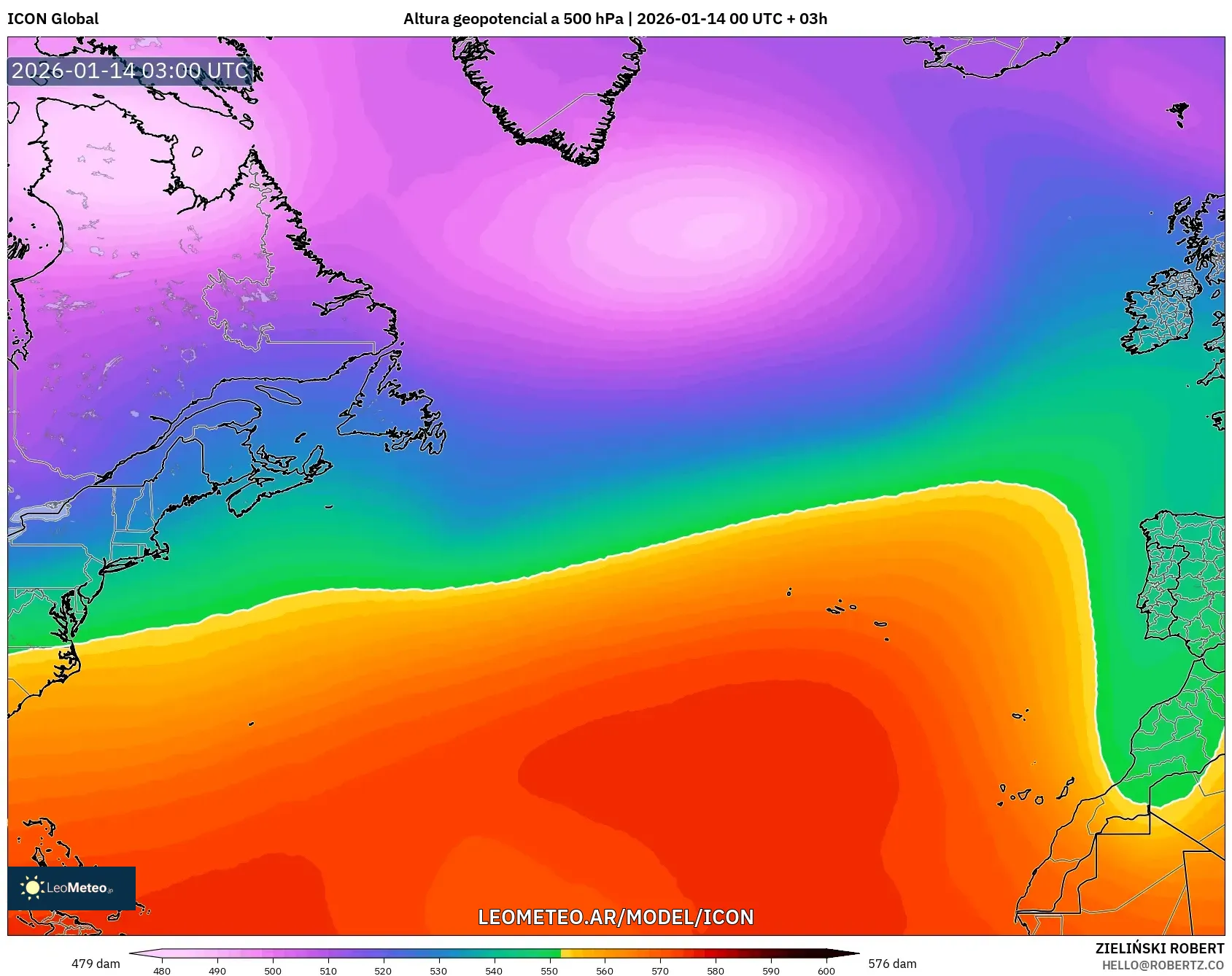 ICON model - Norte Atlántico, Altura geopotencial a 500 hPa