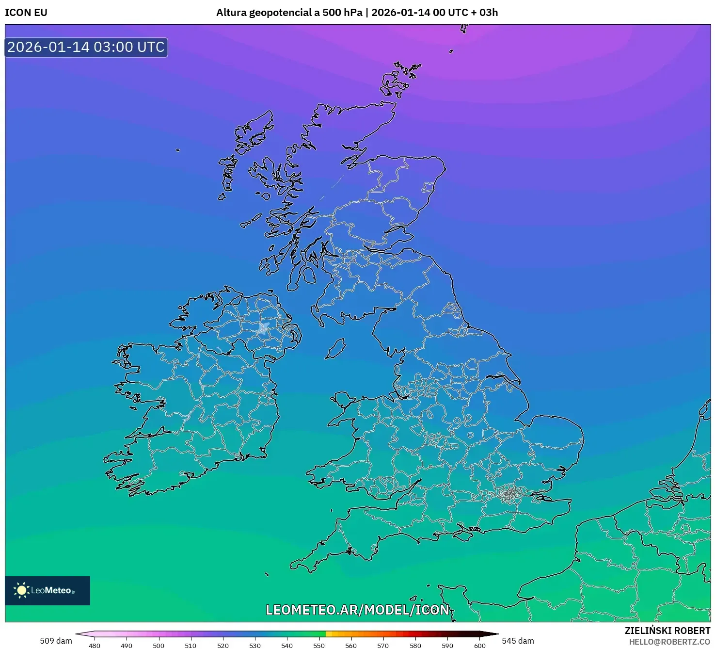 ICON model - Reino Unido, Altura geopotencial a 500 hPa