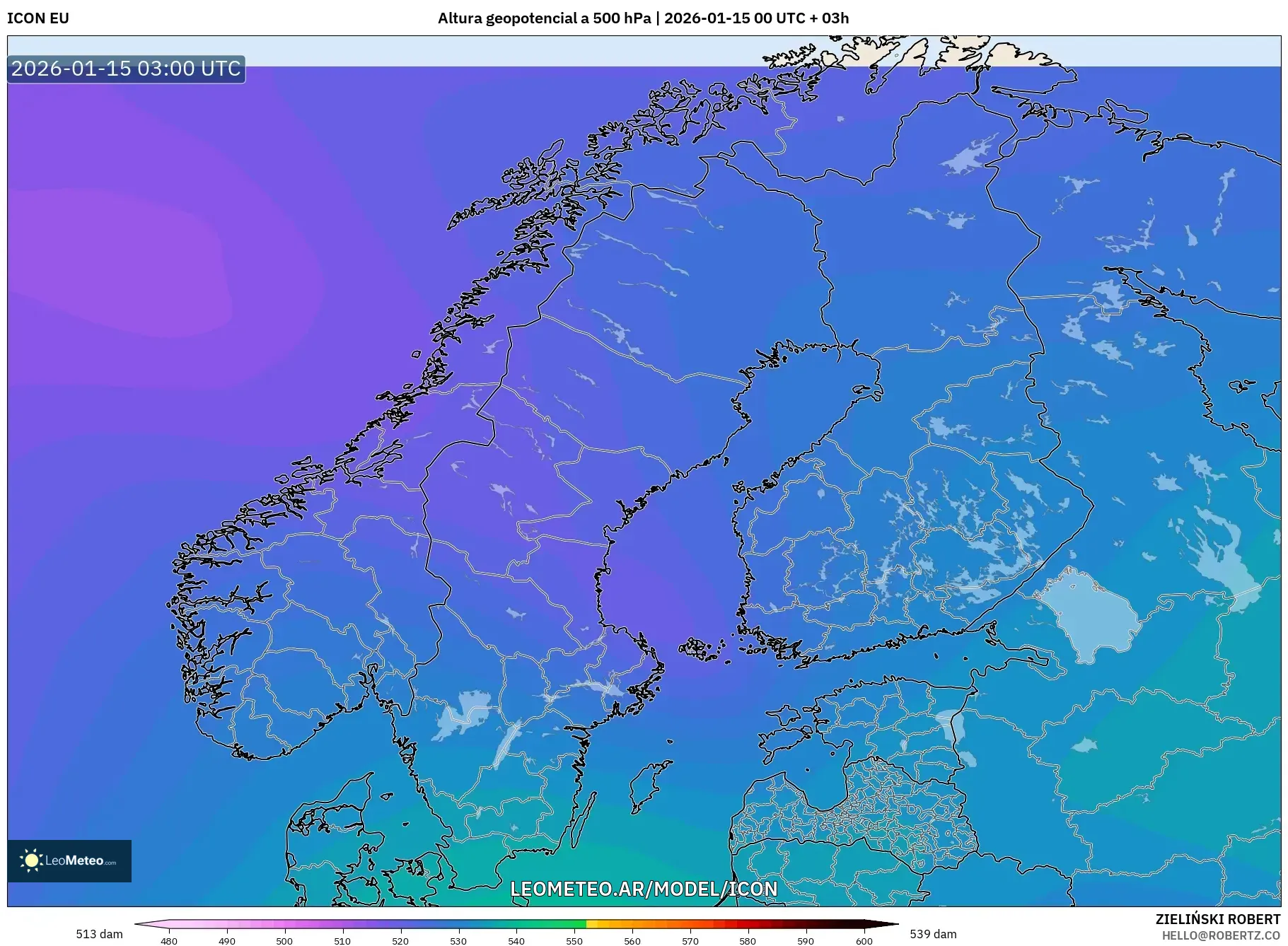 ICON model - Escandinavia, Altura geopotencial a 500 hPa