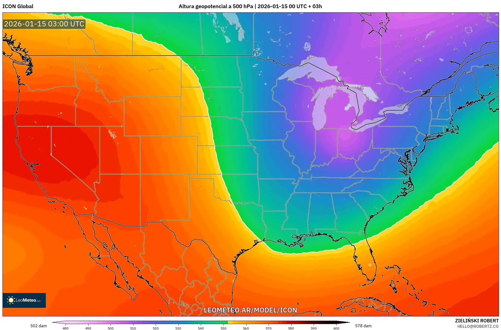 ICON model - Estados Unidos, Altura geopotencial a 500 hPa