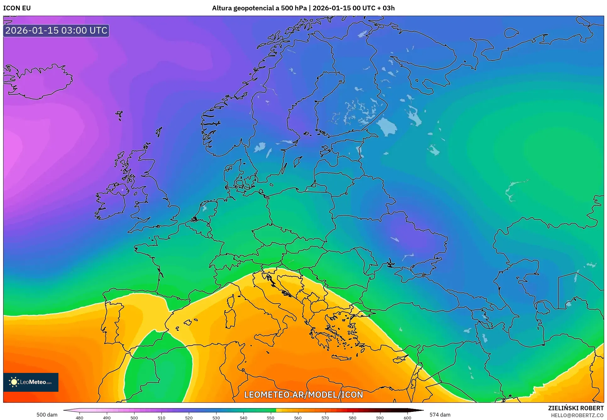 ICON model - Europa, Altura geopotencial a 500 hPa