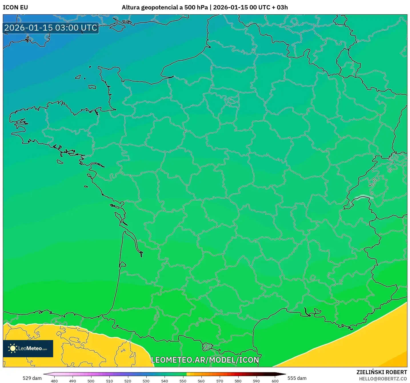 ICON model - Francia, Altura geopotencial a 500 hPa