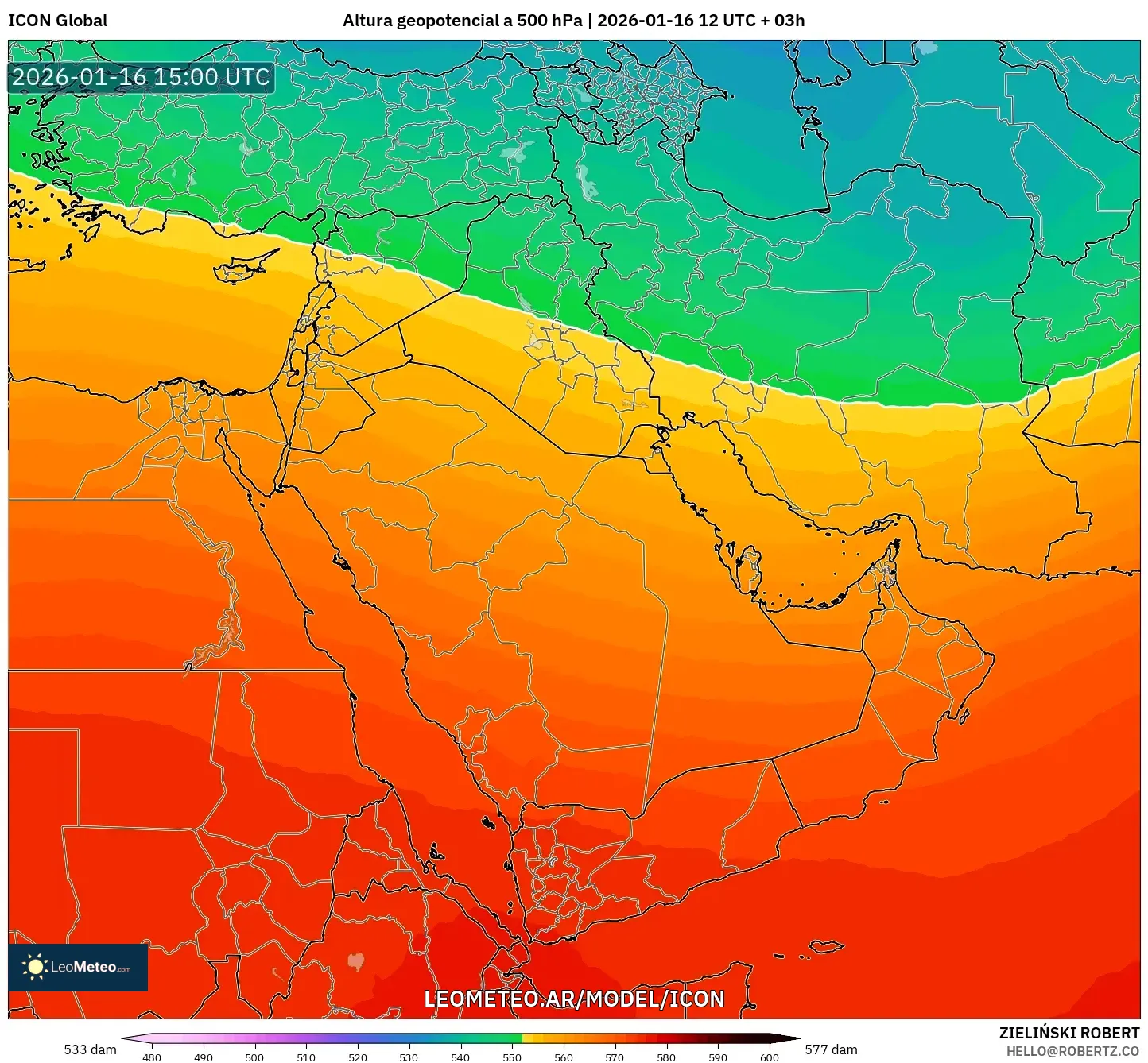 ICON model - Oriente Medio, Altura geopotencial a 500 hPa