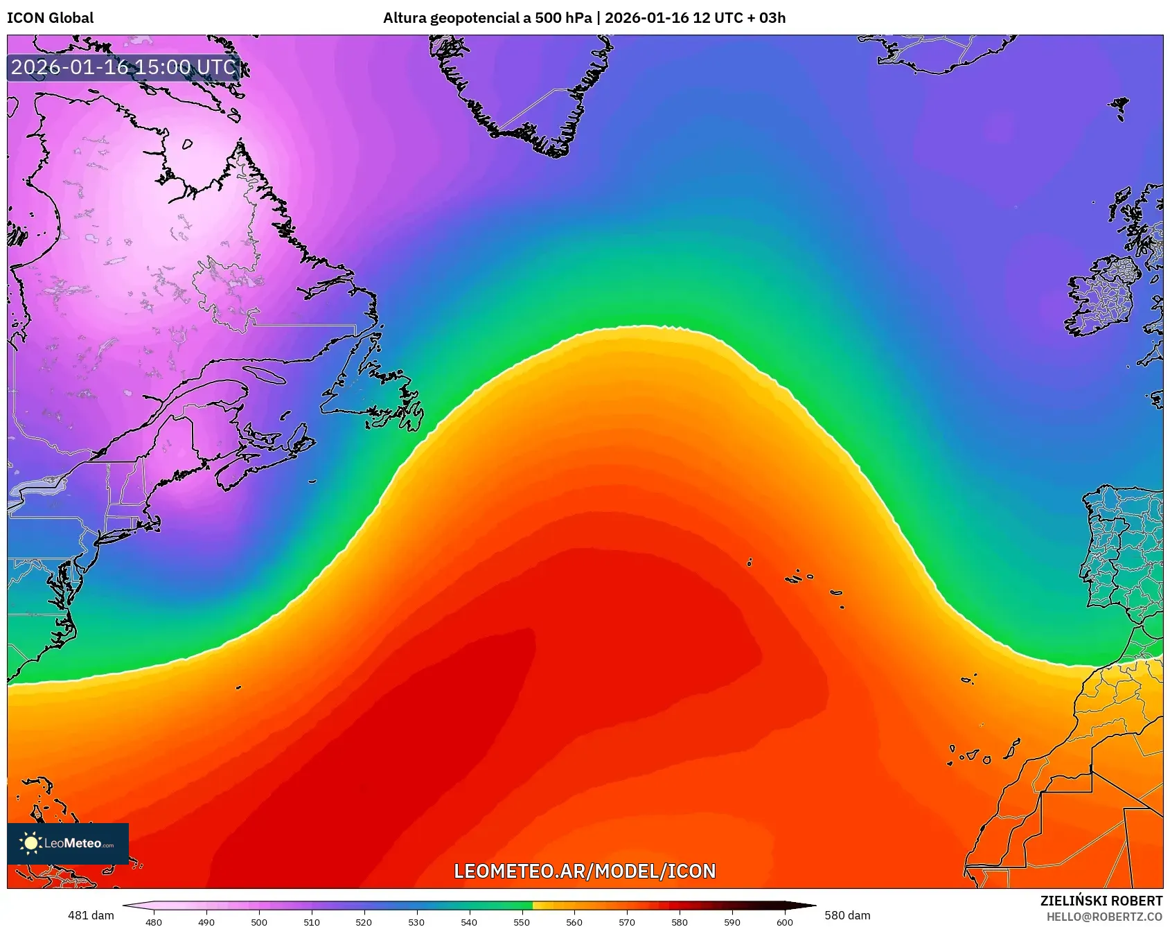 ICON model - Norte Atlántico, Altura geopotencial a 500 hPa