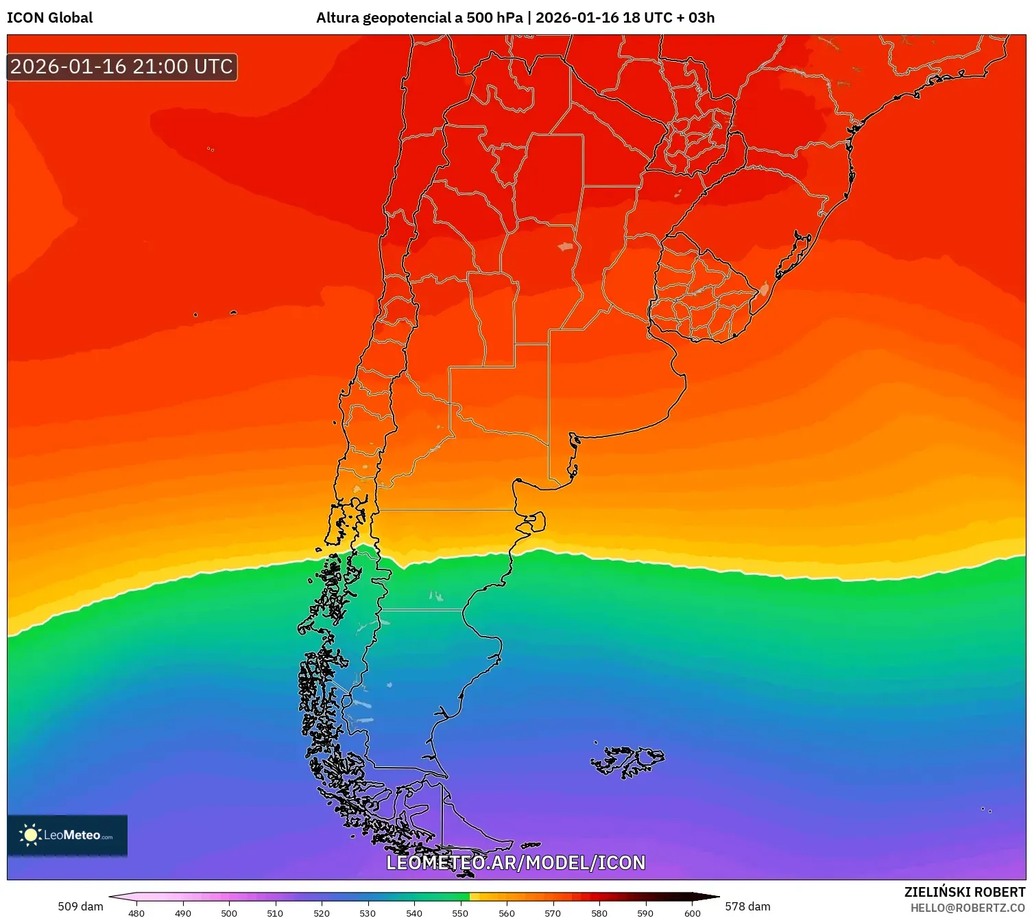 ICON model - Argentina, Altura geopotencial a 500 hPa