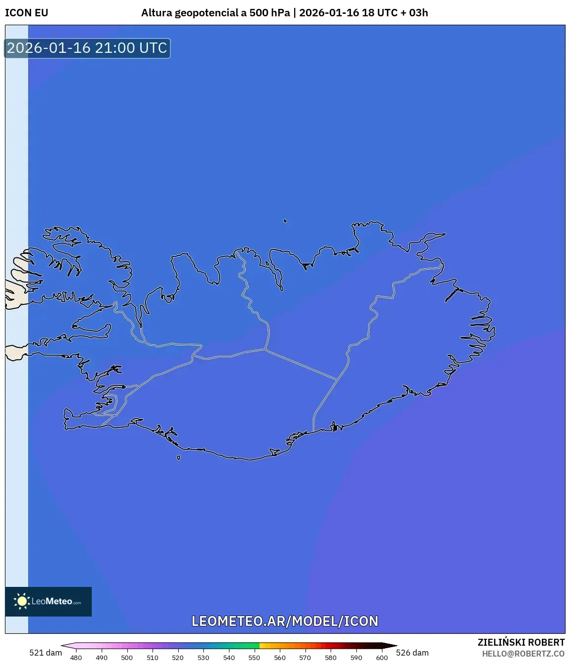 ICON model - Islandia, Altura geopotencial a 500 hPa