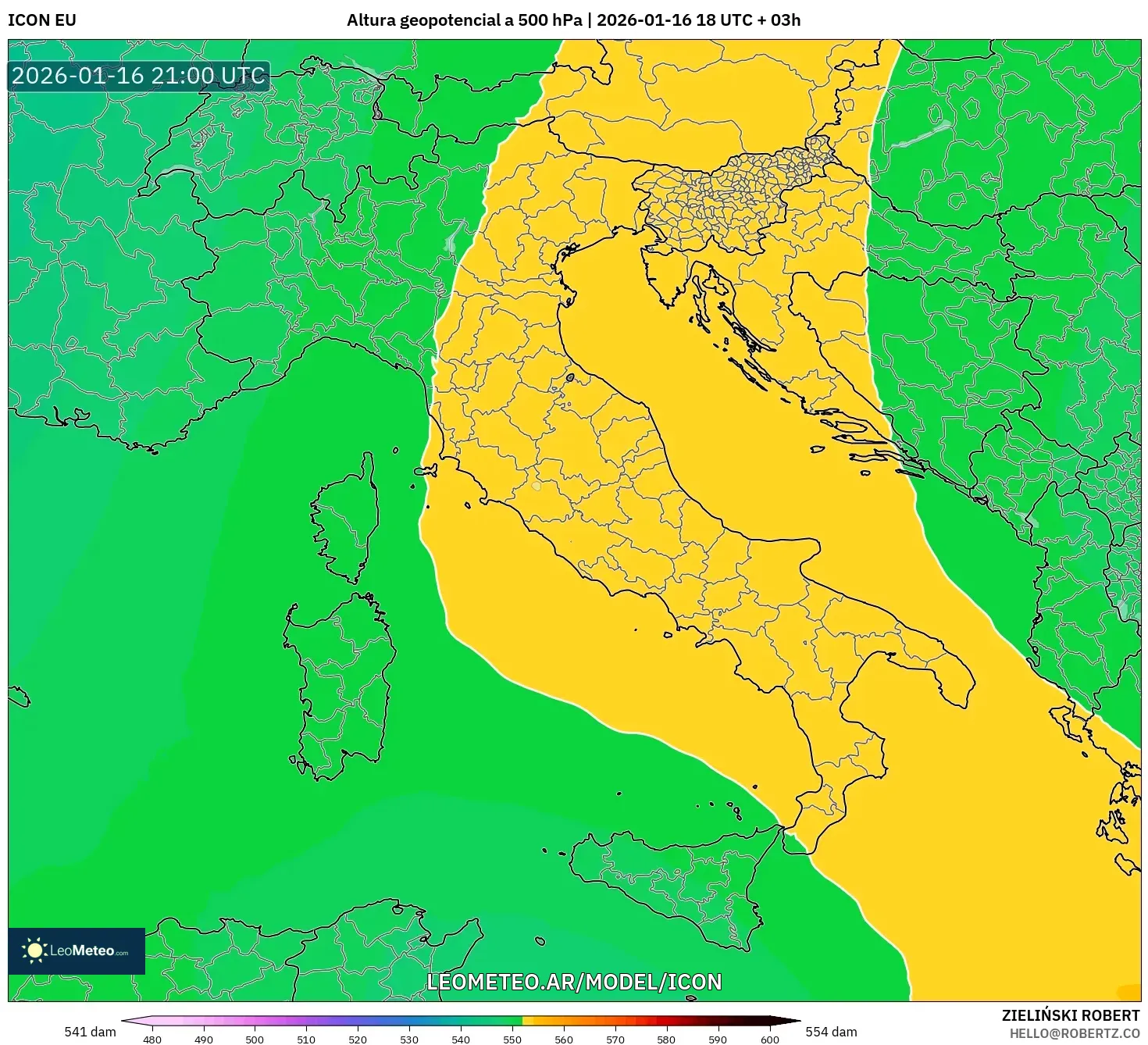 ICON model - Italia, Altura geopotencial a 500 hPa