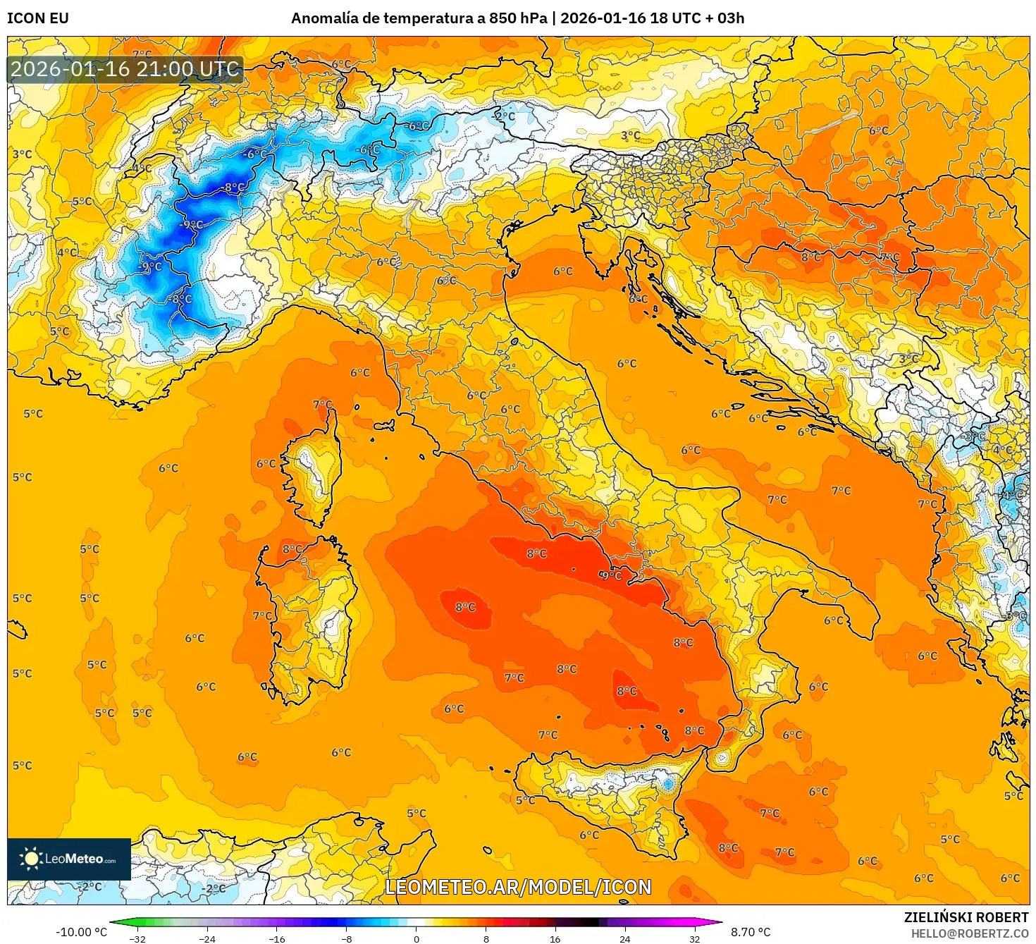ICON model - Italia, Anomalía de temperatura a 850 hPa