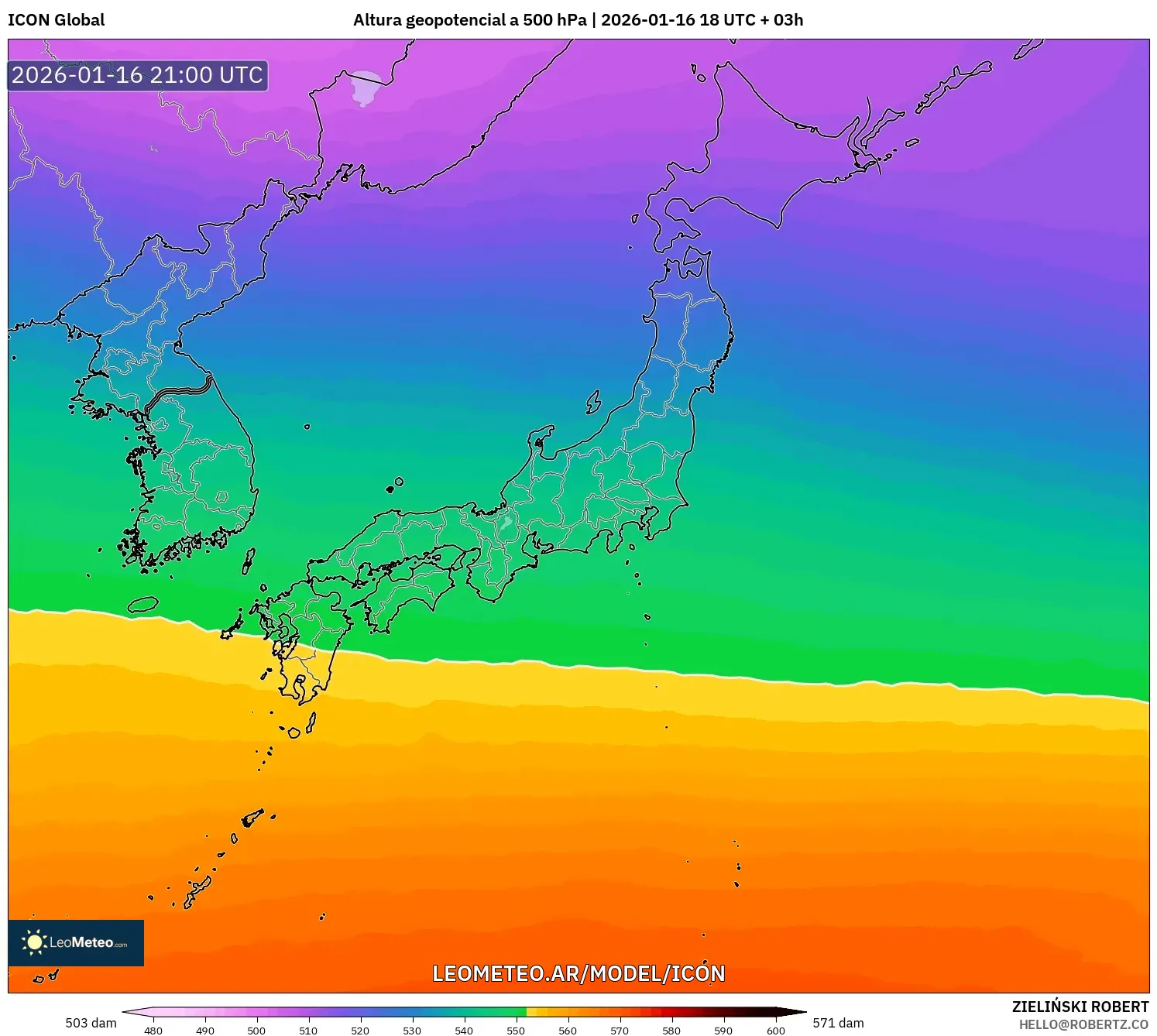 ICON model - Japón, Altura geopotencial a 500 hPa