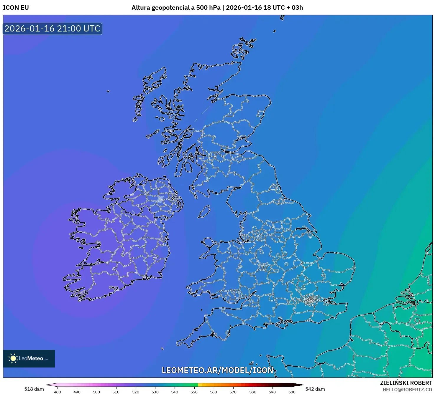 ICON model - Reino Unido, Altura geopotencial a 500 hPa