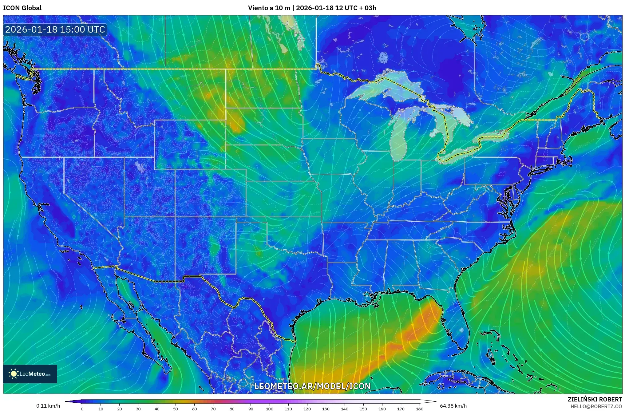 ICON model - Estados Unidos, Viento a 10 m