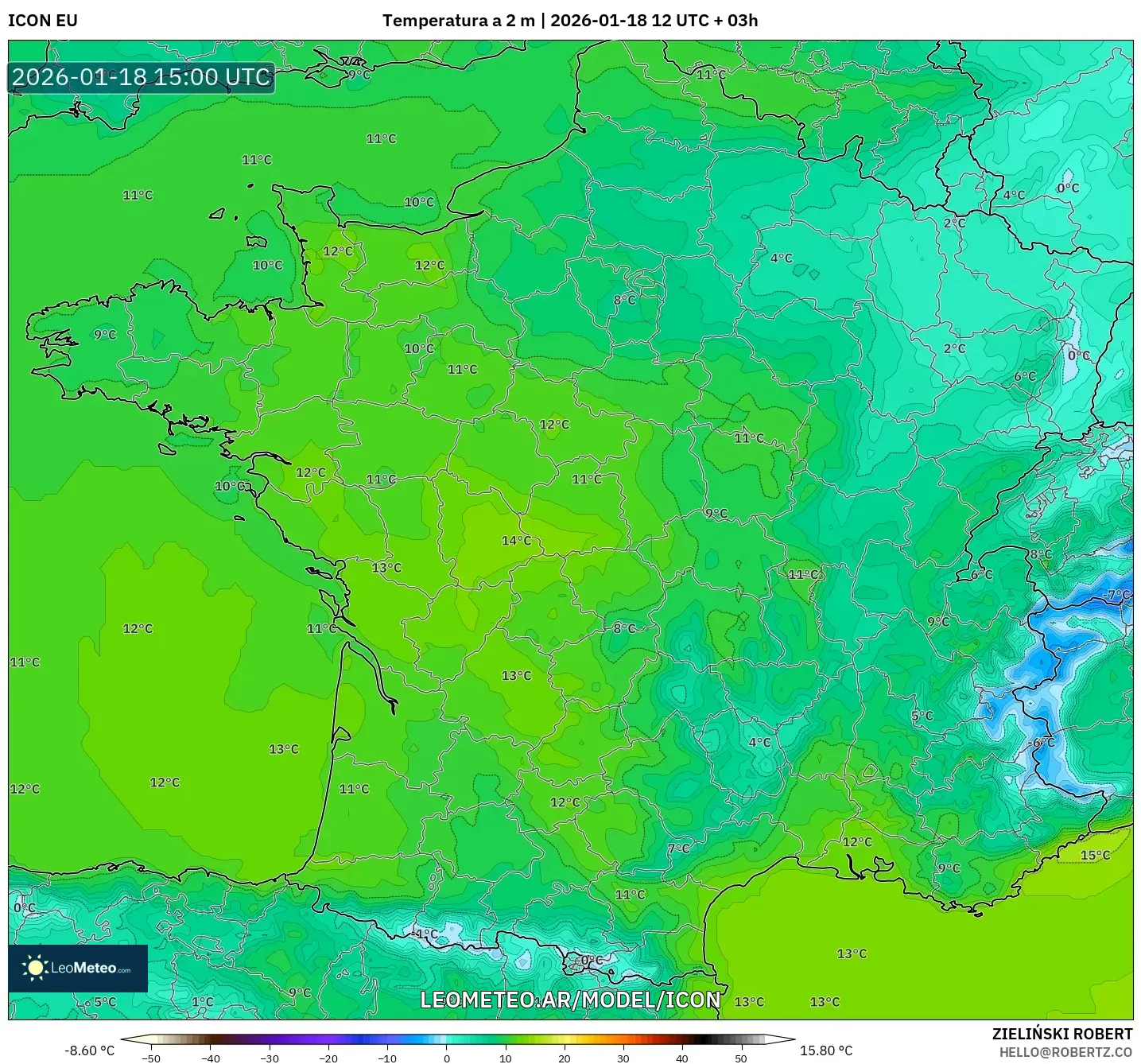 ICON model - Francia, Temperatura a 2 m