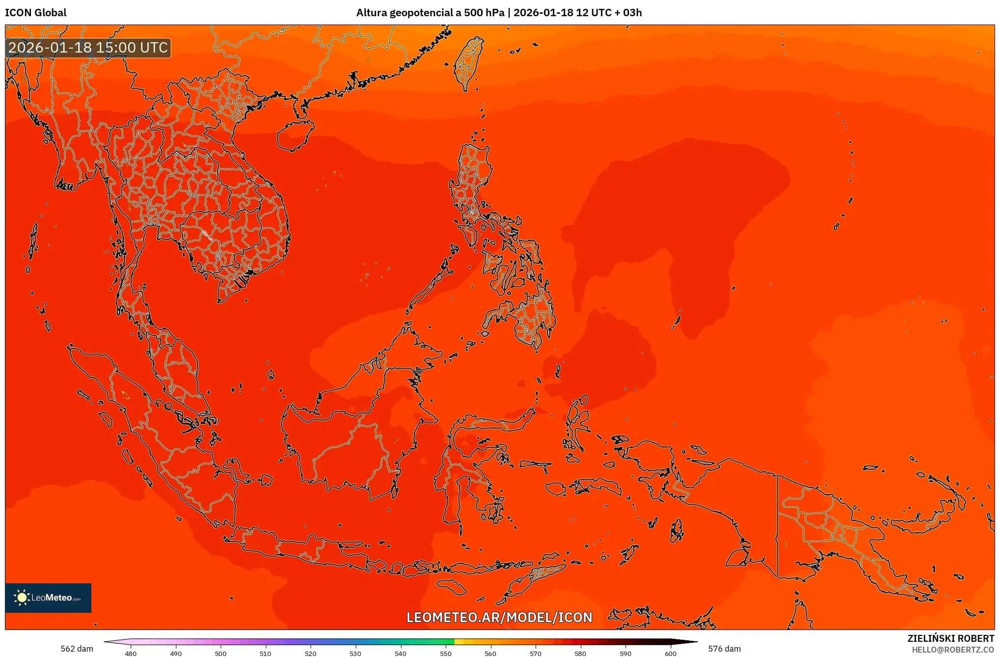 ICON model - Sudeste Asiático, Altura geopotencial a 500 hPa