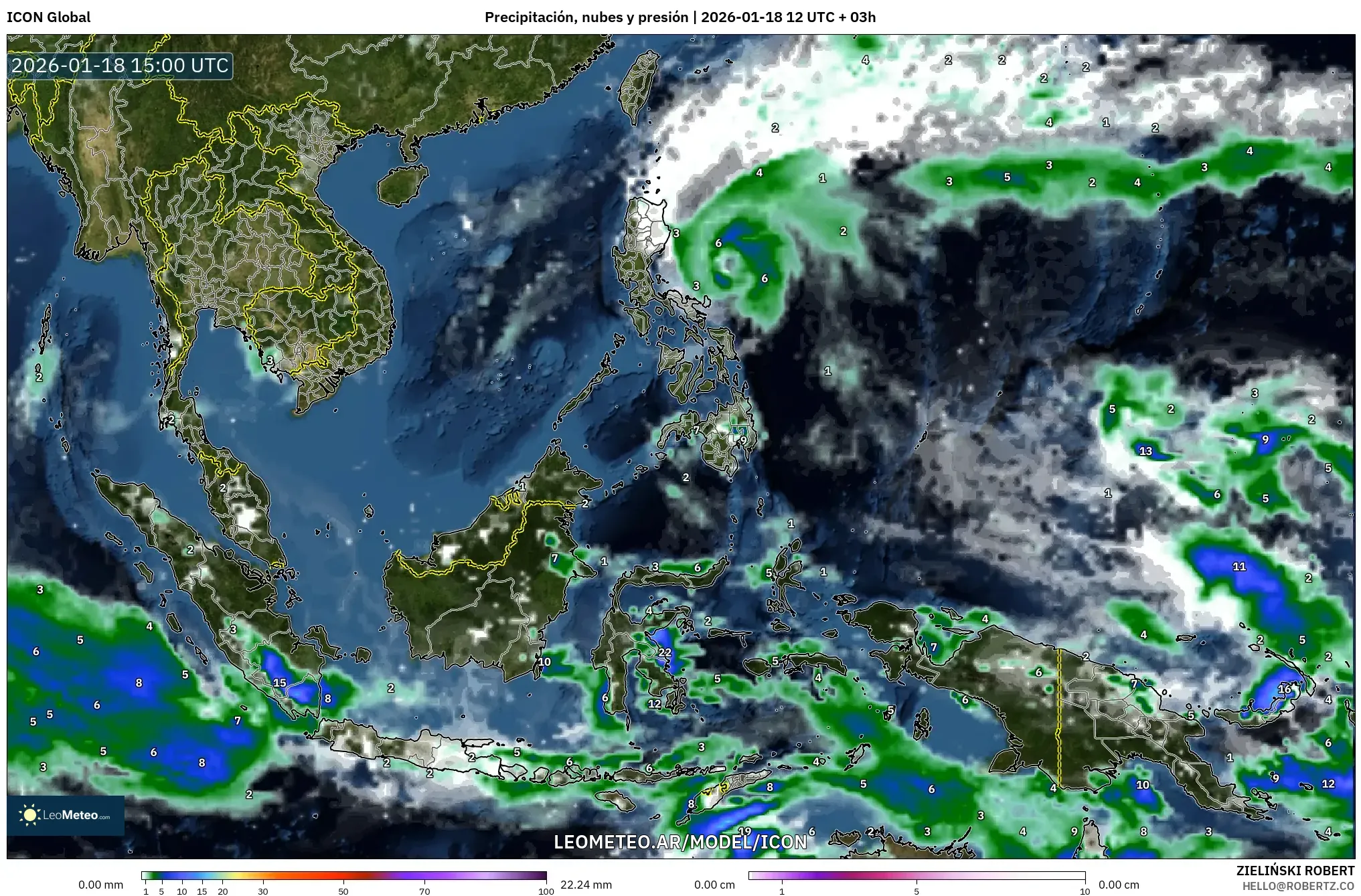 ICON model - Sudeste Asiático, Precipitación, nubes y presión