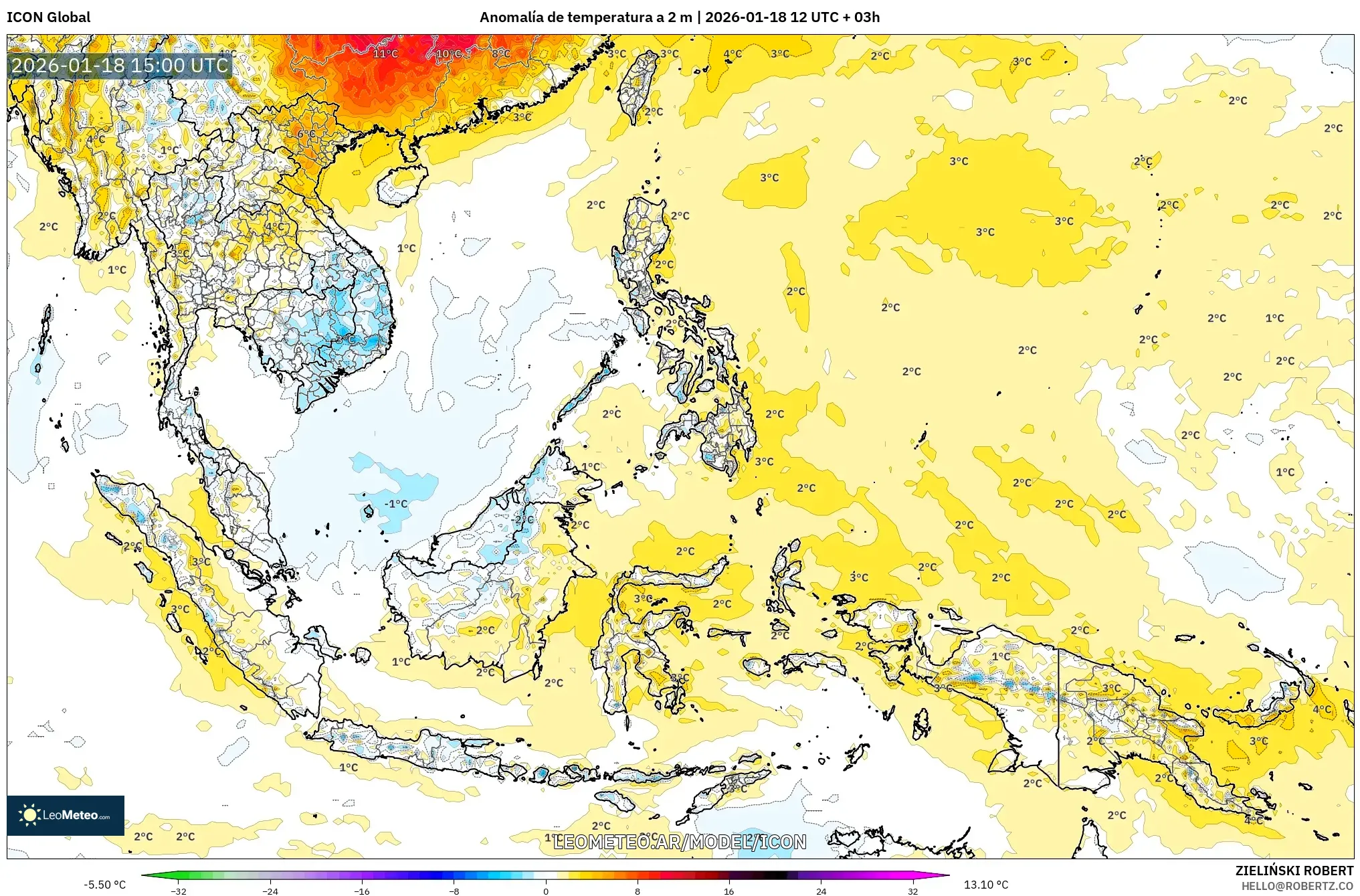 ICON model - Sudeste Asiático, Anomalía de temperatura a 2 m
