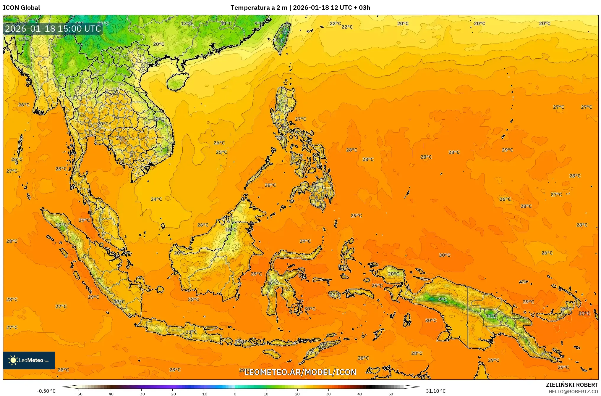 ICON model - Sudeste Asiático, Temperatura a 2 m