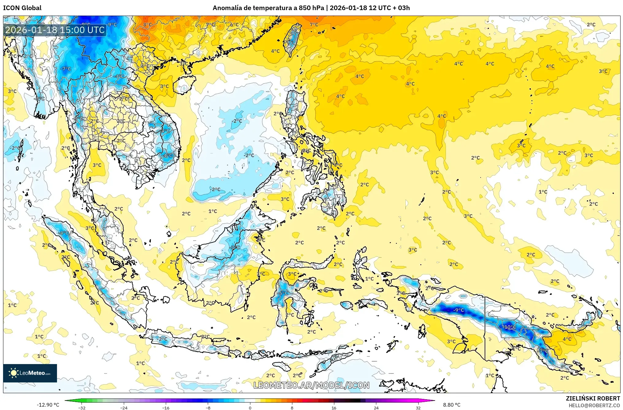ICON model - Sudeste Asiático, Anomalía de temperatura a 850 hPa