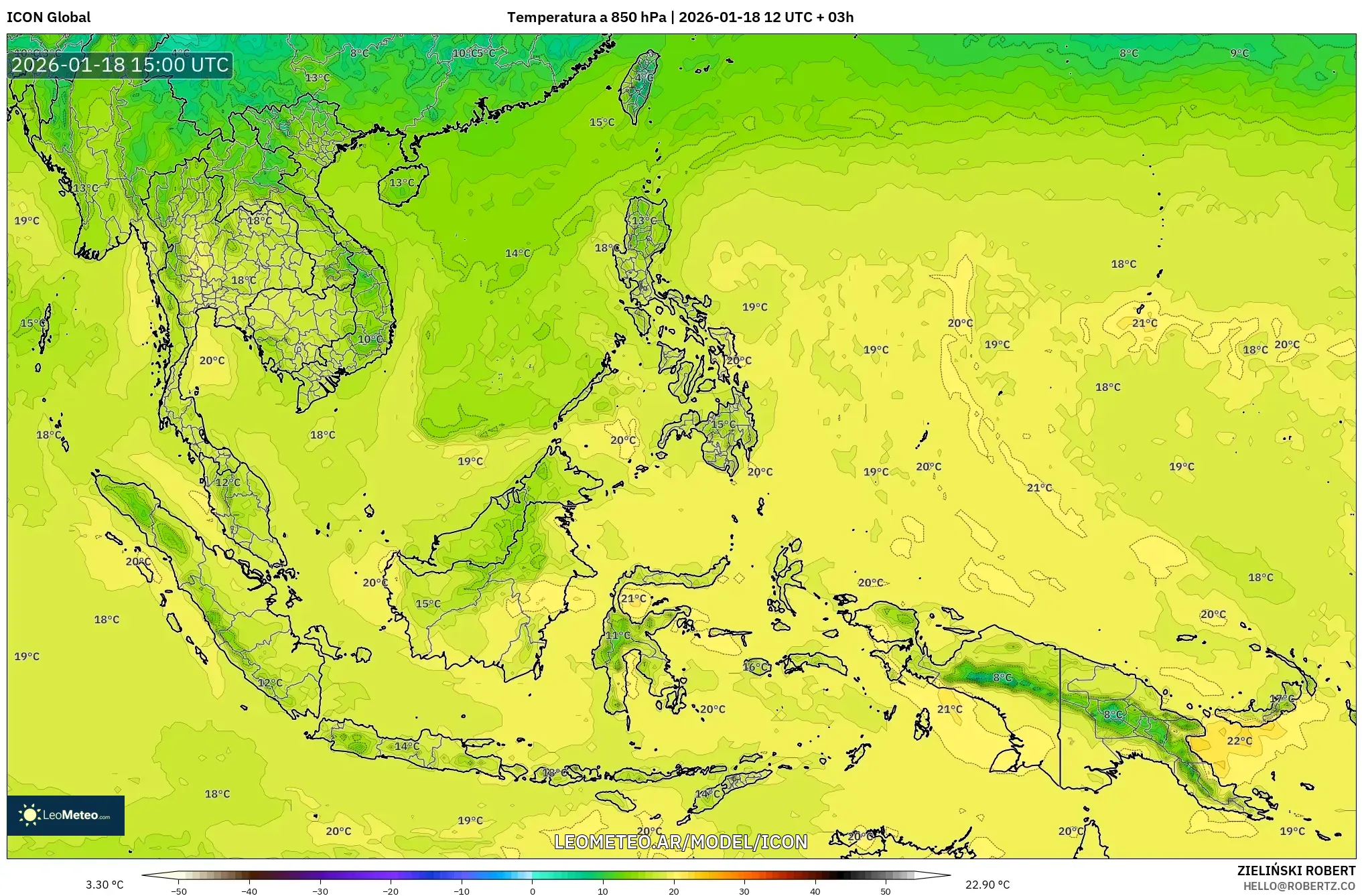 ICON model - Sudeste Asiático, Temperatura a 850 hPa