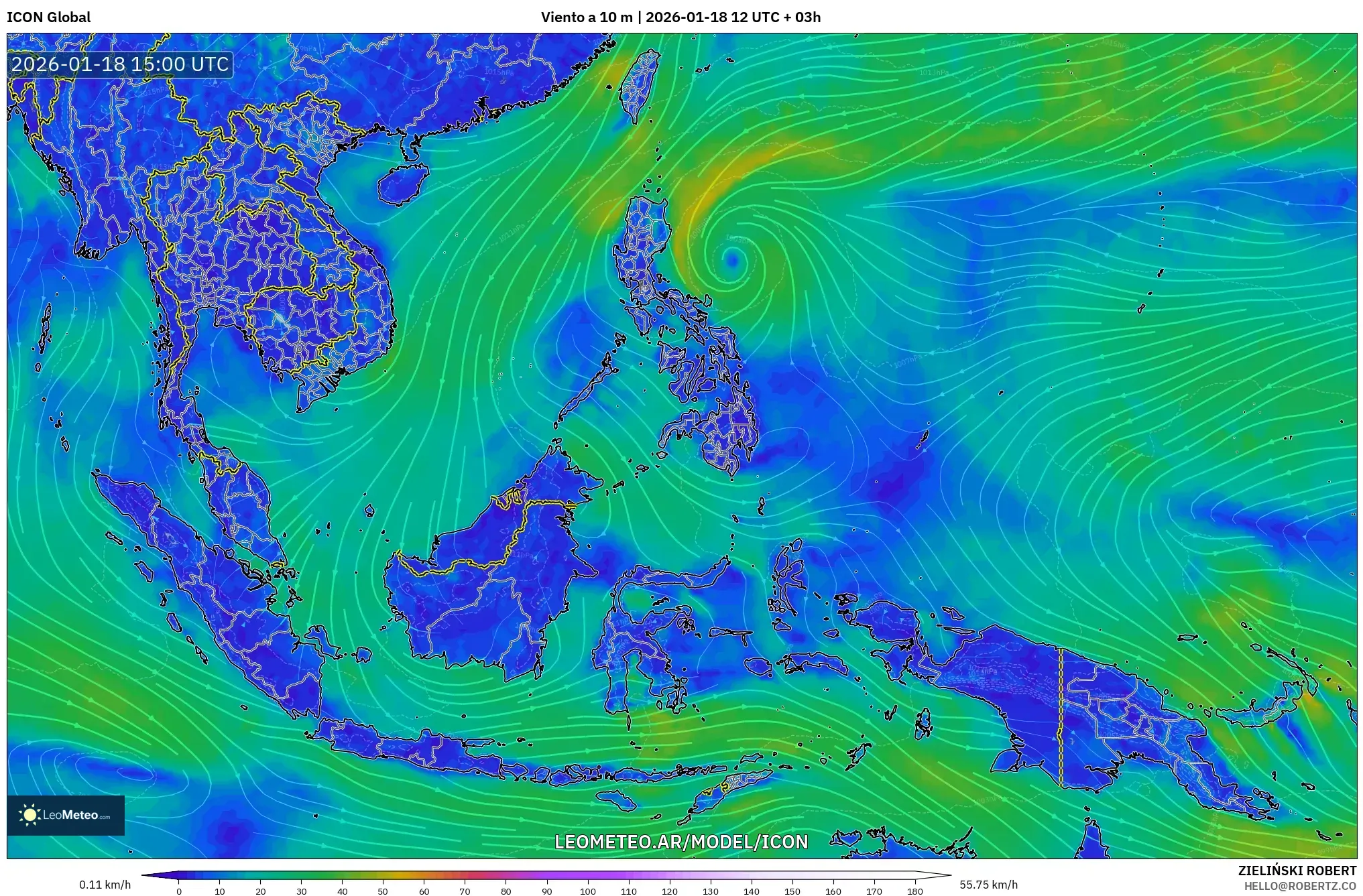 ICON model - Sudeste Asiático, Viento a 10 m
