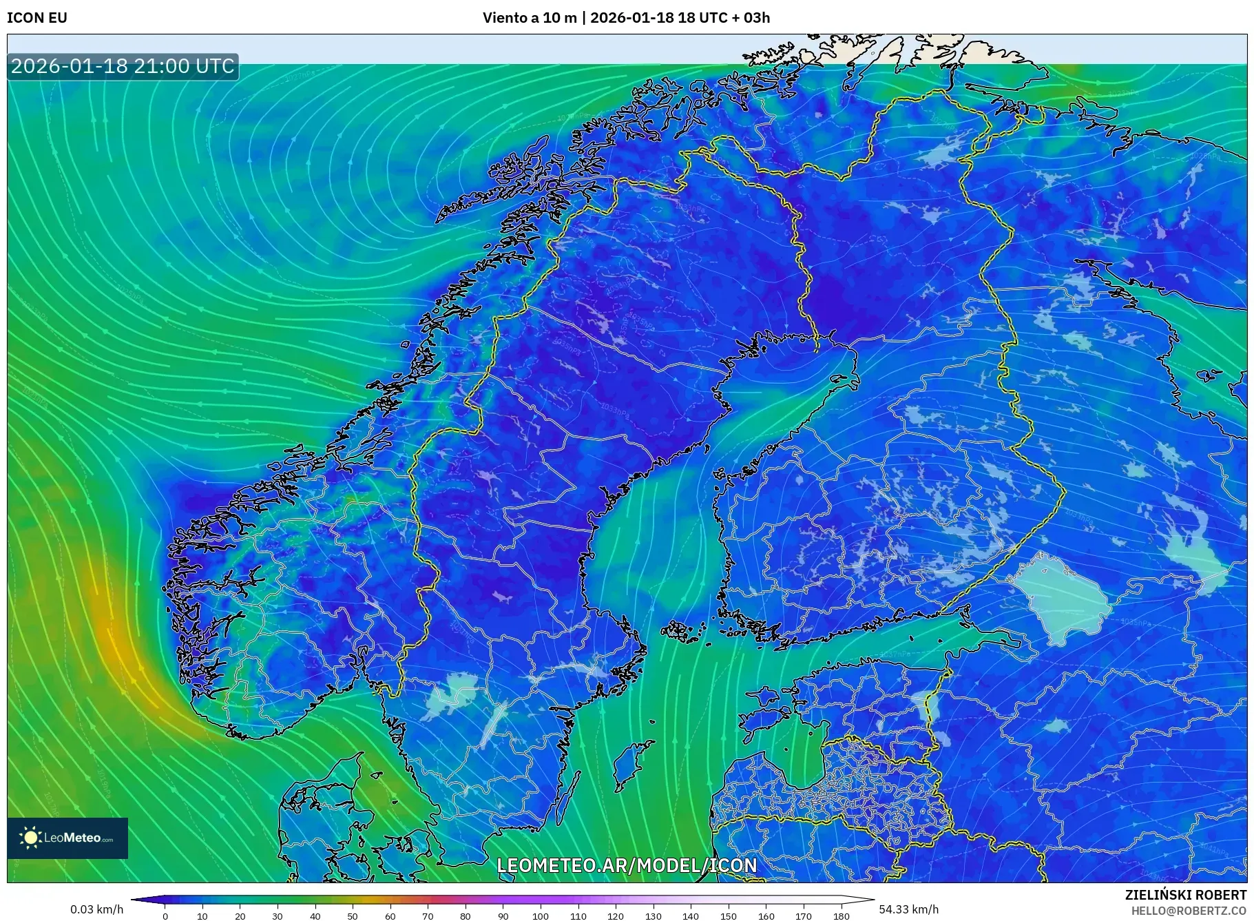 ICON model - Escandinavia, Viento a 10 m