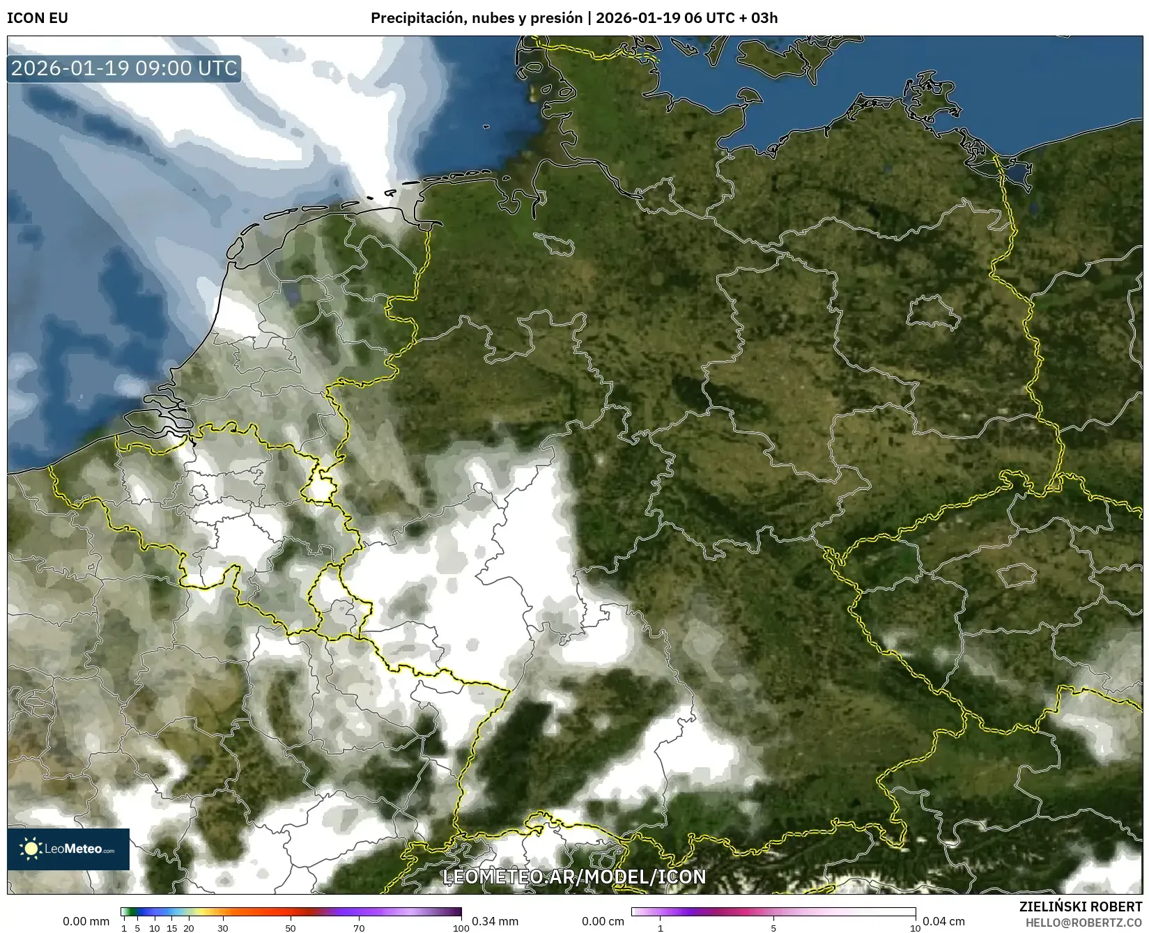 ICON model - Alemania, Precipitación, nubes y presión