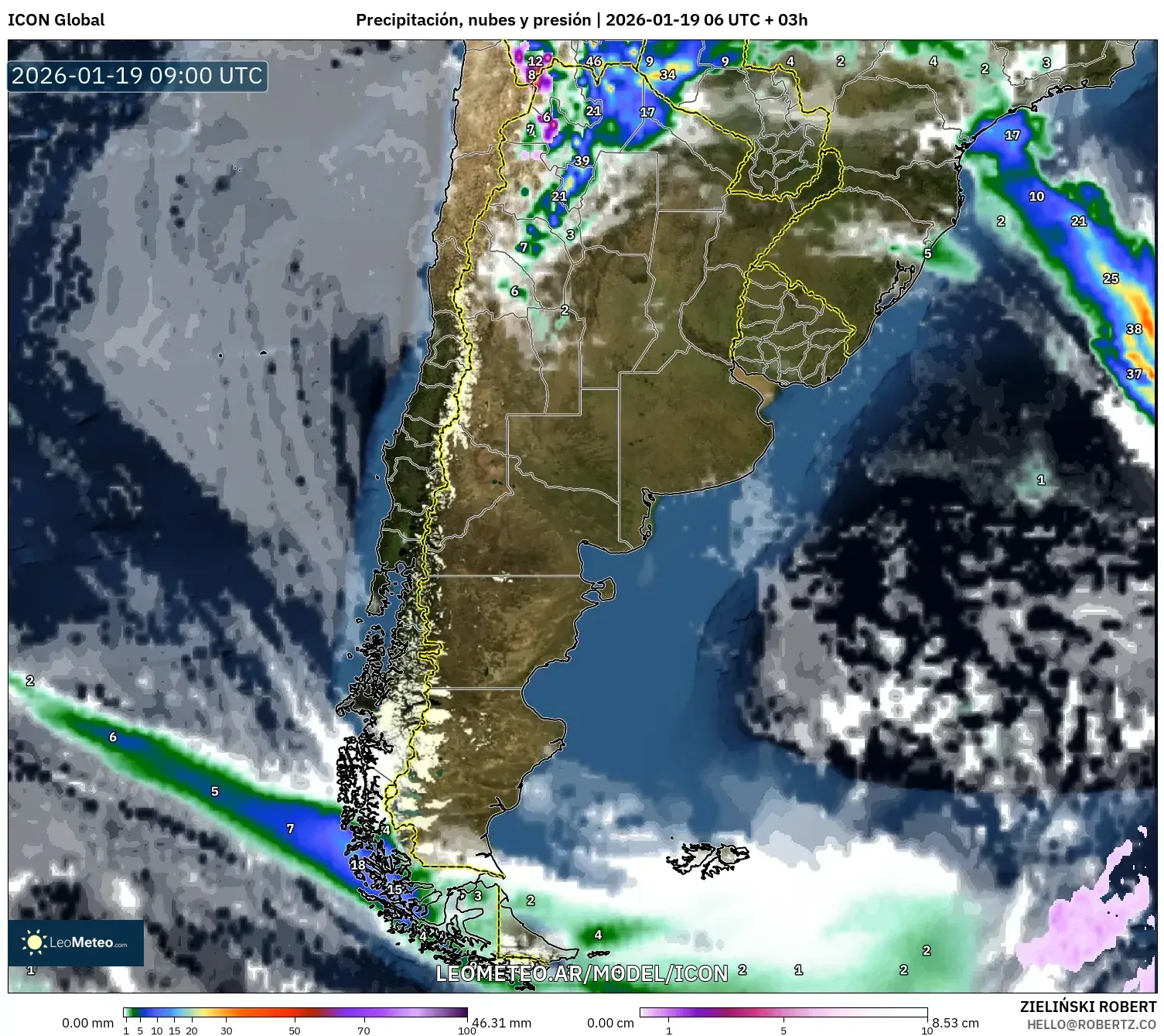 ICON model - Argentina, Precipitación, nubes y presión