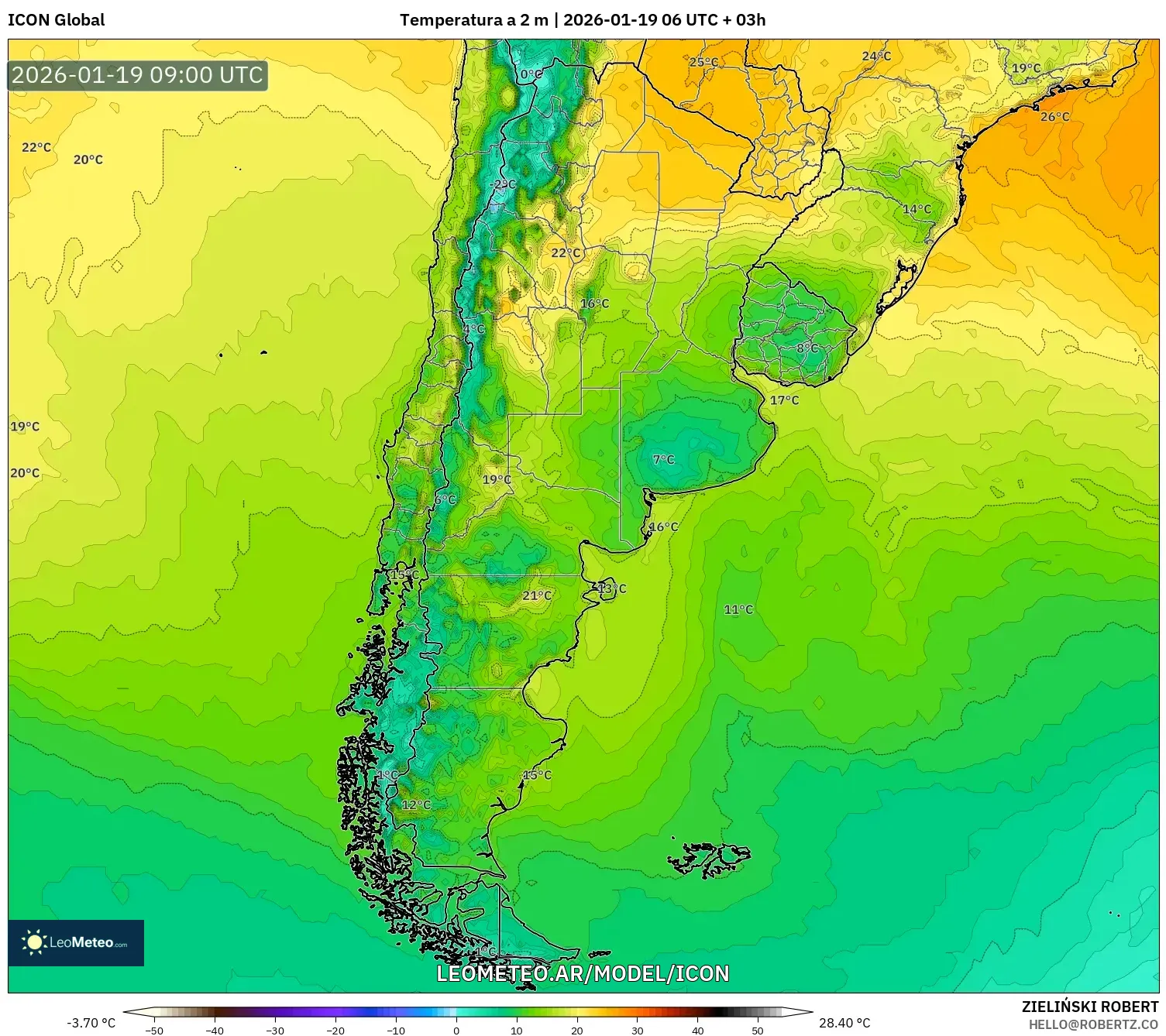 ICON model - Argentina, Temperatura a 2 m