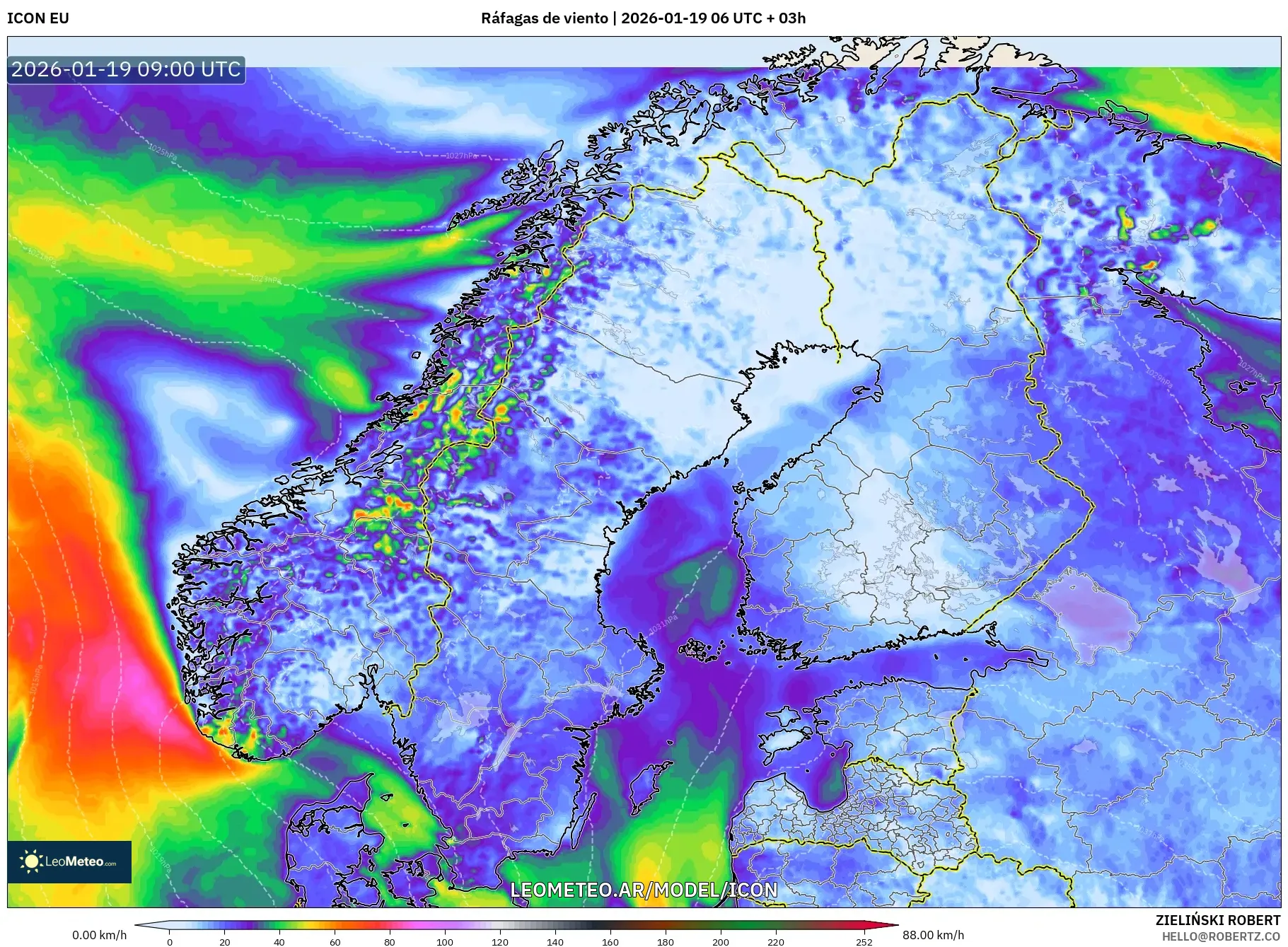 ICON model - Escandinavia, Ráfagas de viento