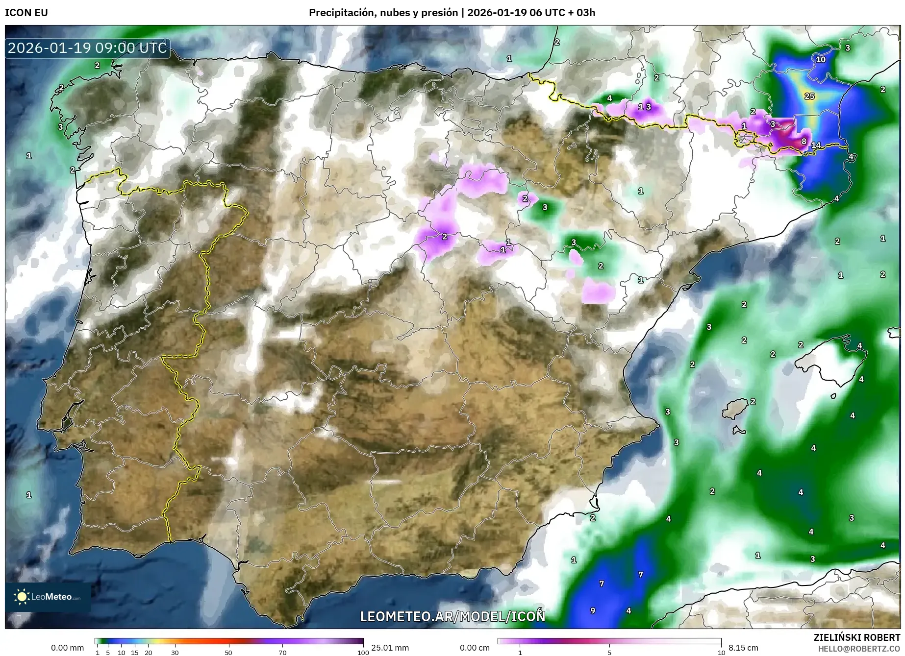 ICON model - España, Precipitación, nubes y presión