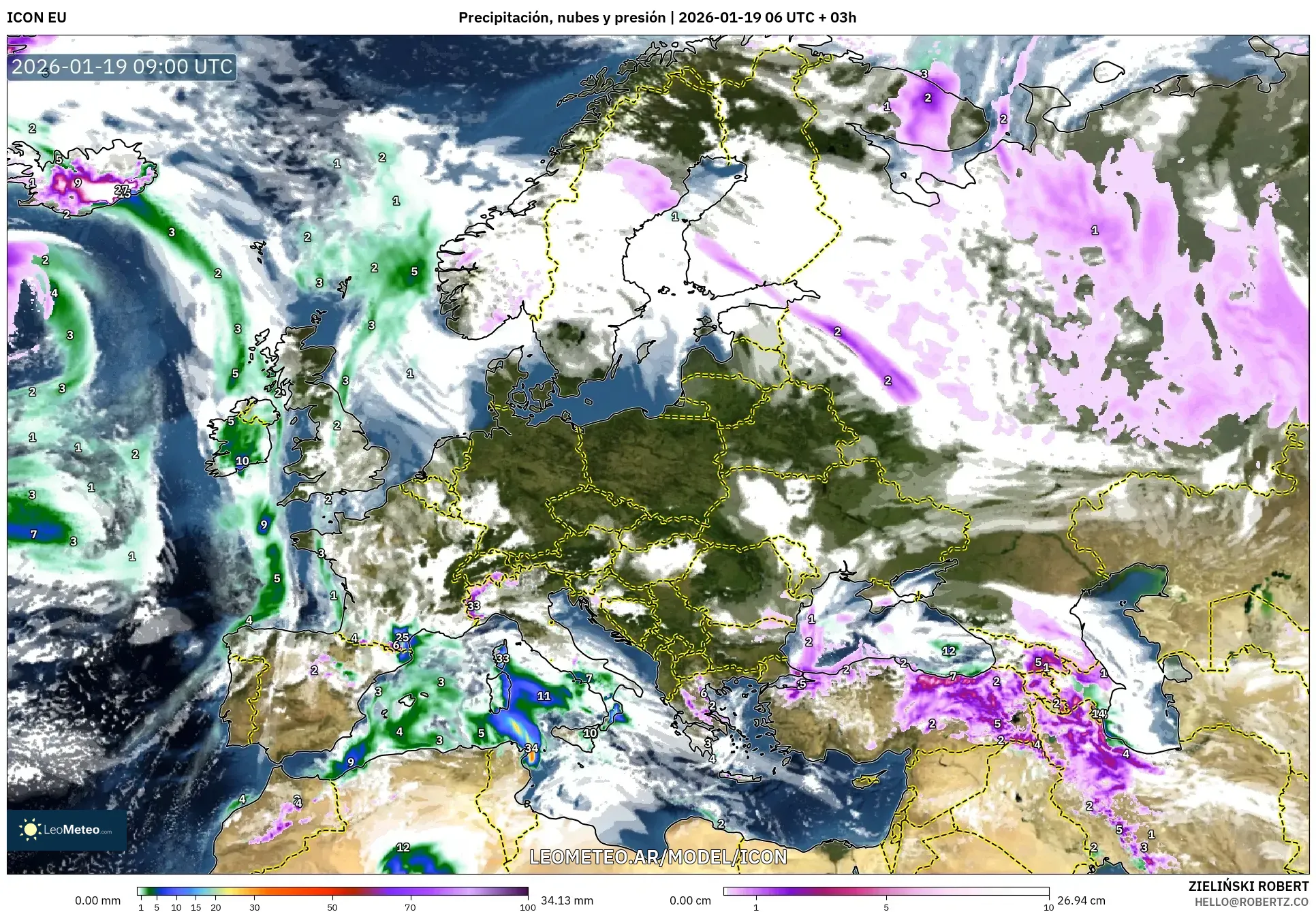 ICON model - Europa, Precipitación, nubes y presión