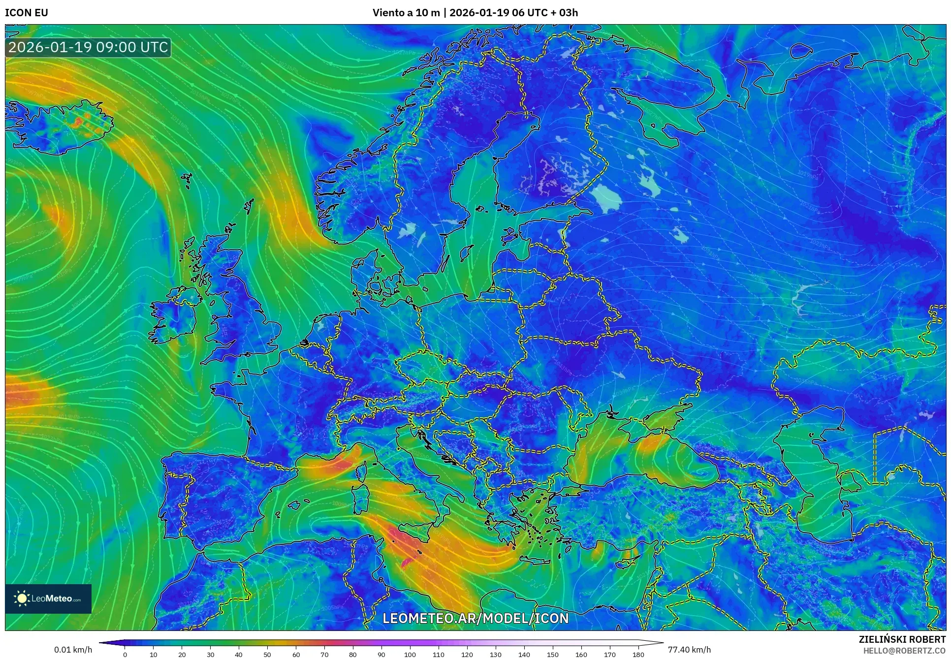ICON model - Europa, Viento a 10 m