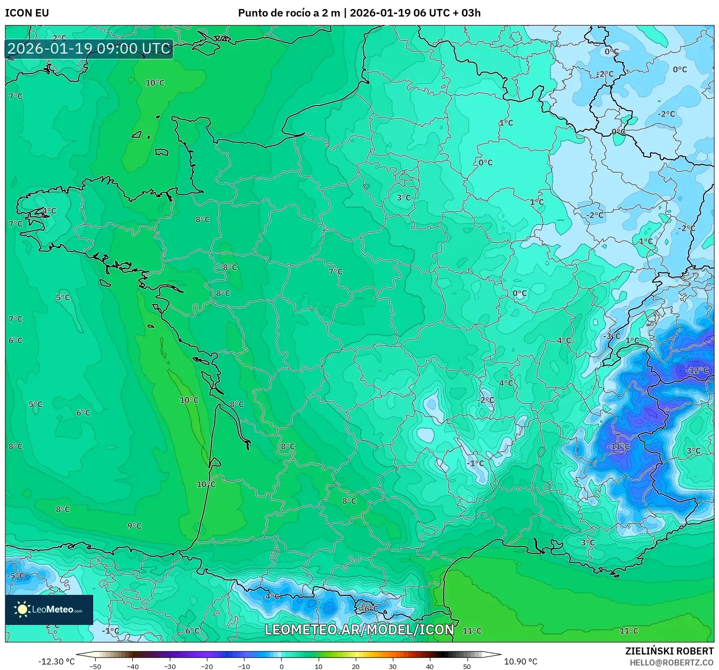 ICON model - Francia, Punto de rocío a 2 m