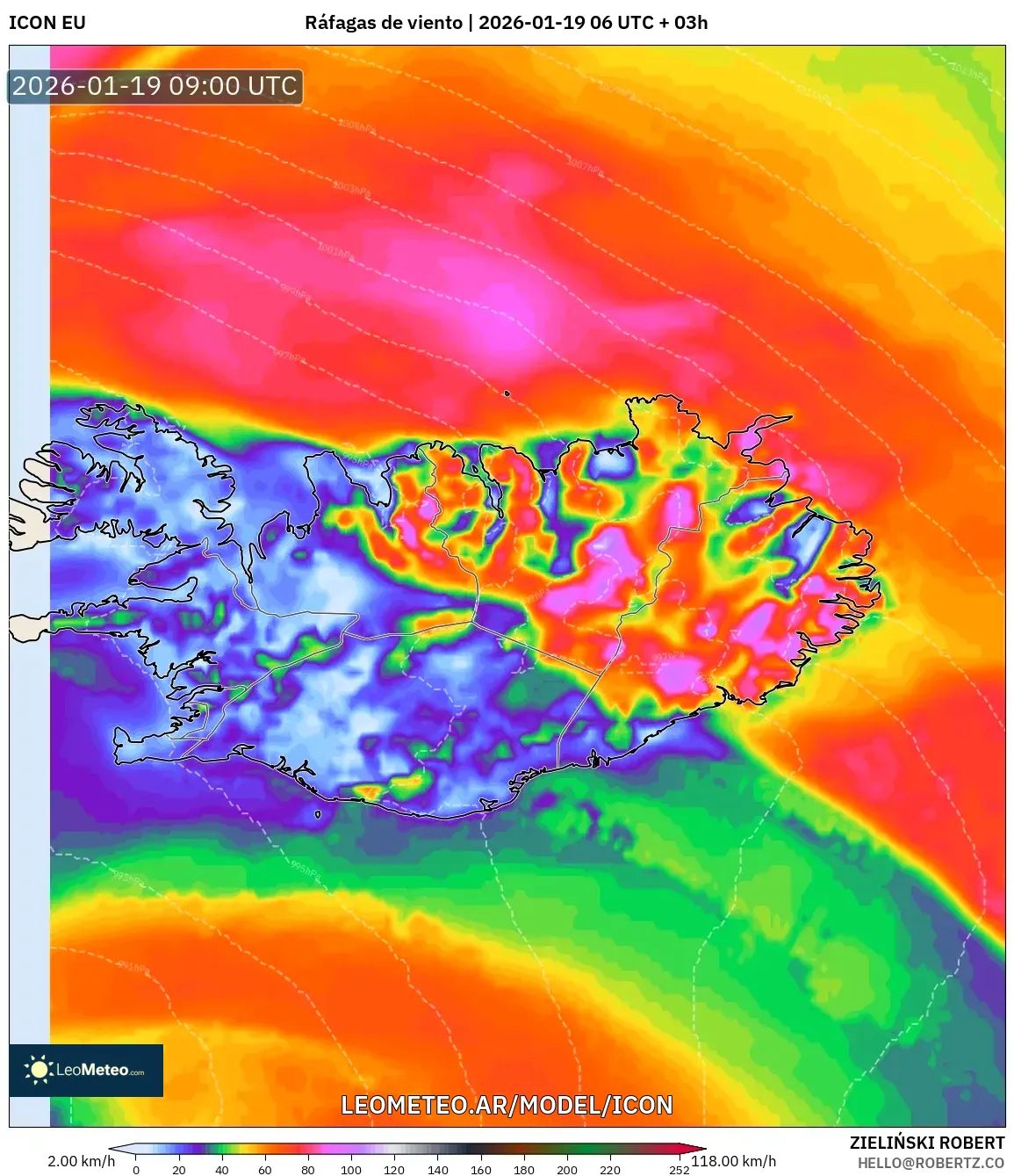 ICON model - Islandia, Ráfagas de viento