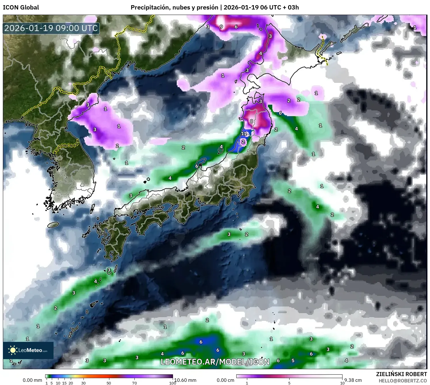 ICON model - Japón, Precipitación, nubes y presión