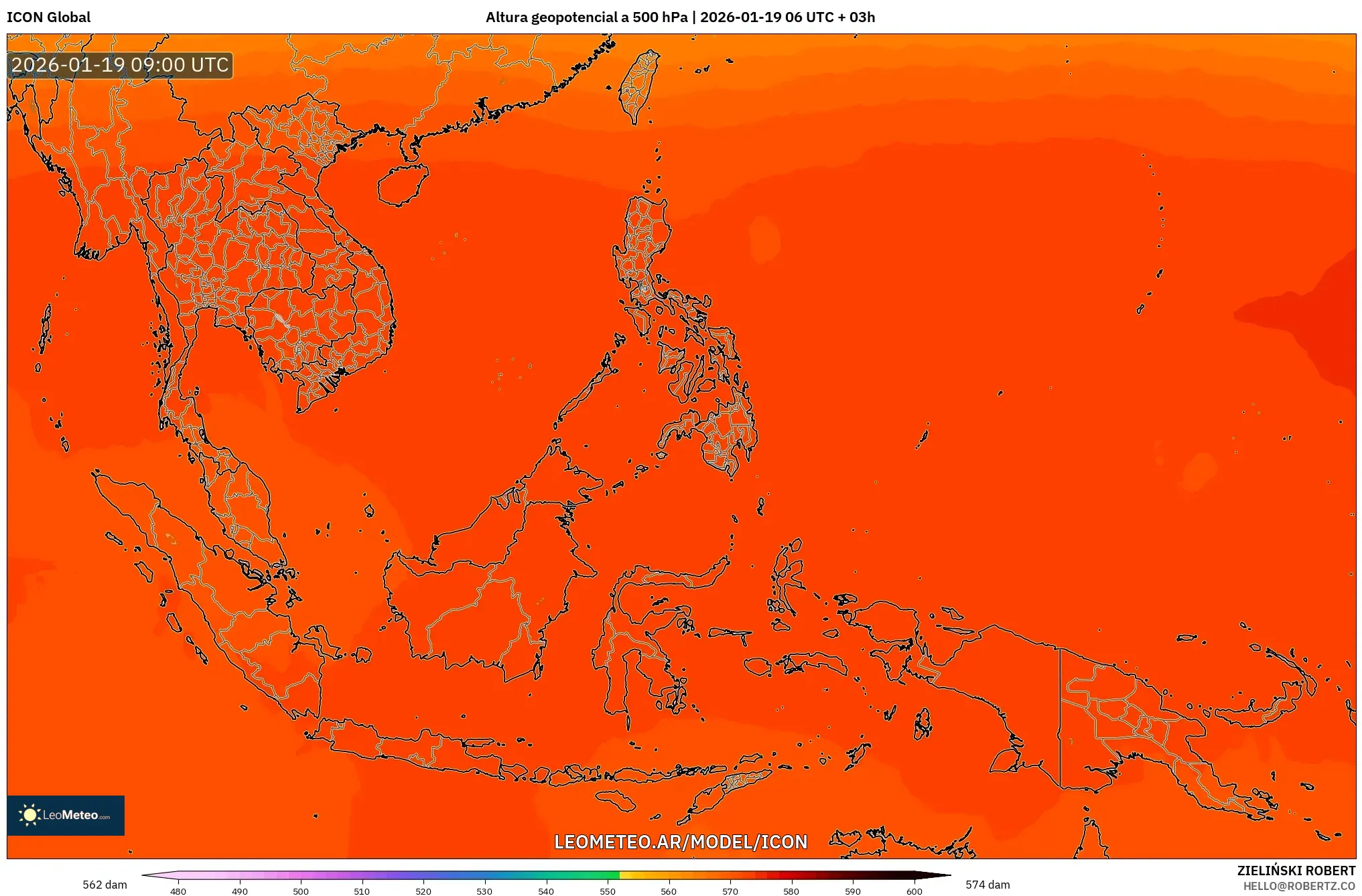 ICON model - Sudeste Asiático, Altura geopotencial a 500 hPa