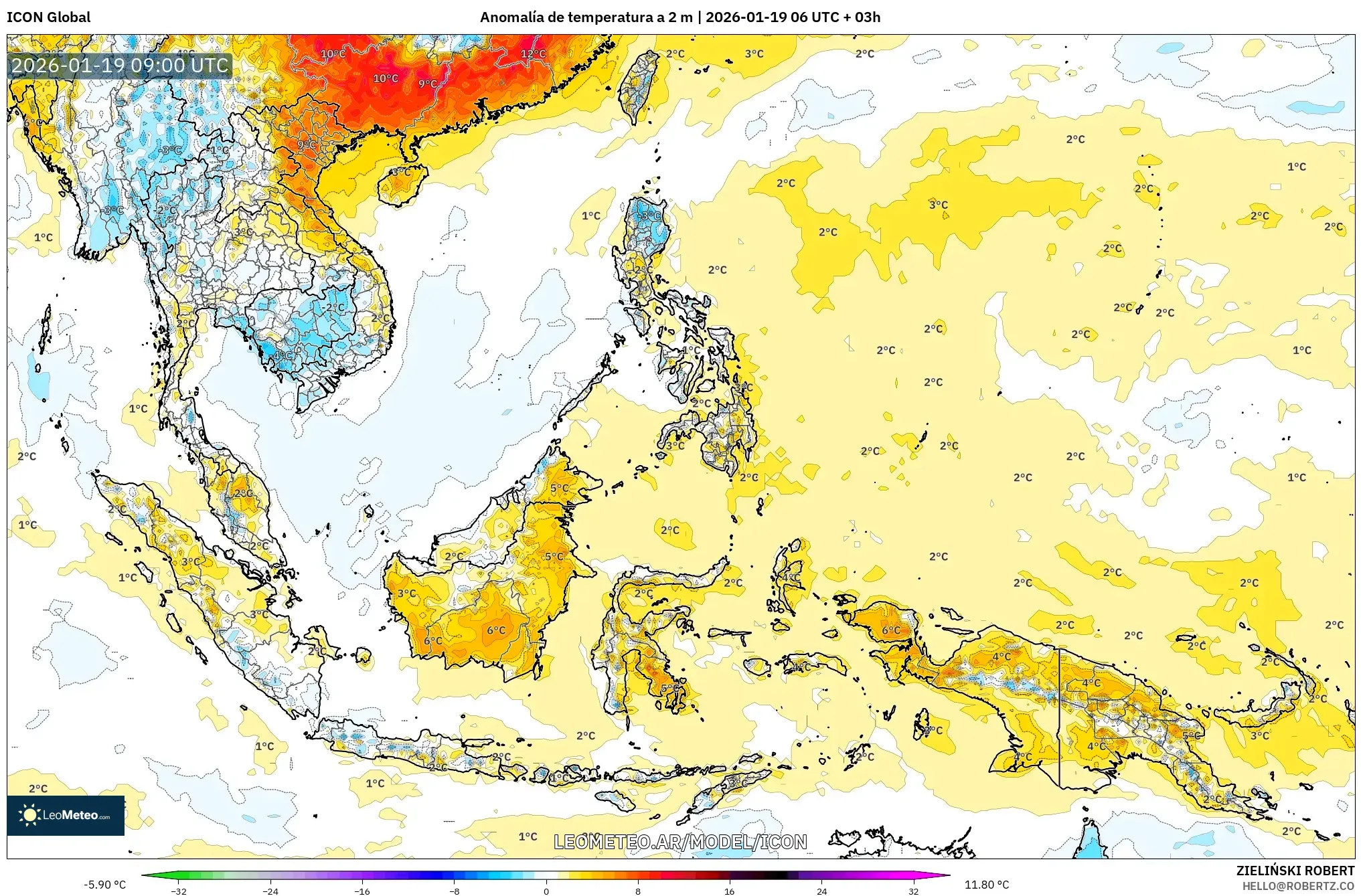 ICON model - Sudeste Asiático, Anomalía de temperatura a 2 m